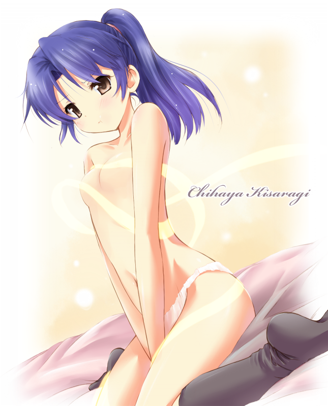 blue_hair blush idolmaster kisaragi_chihaya komone_ushio panties ponytail ribbon sitting socks solo tied_hair topless underwear