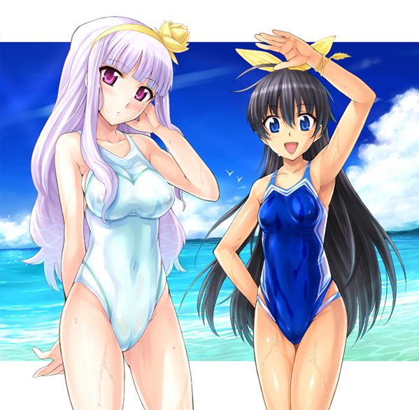 armpits arms_up beach black_hair blue_eyes competition_swimsuit ganaha_hibiki hairband hidebou idolmaster long_hair mizugi ocean one-piece_swimsuit purple_eyes purple_hair shijou_takane sky swimsuit water