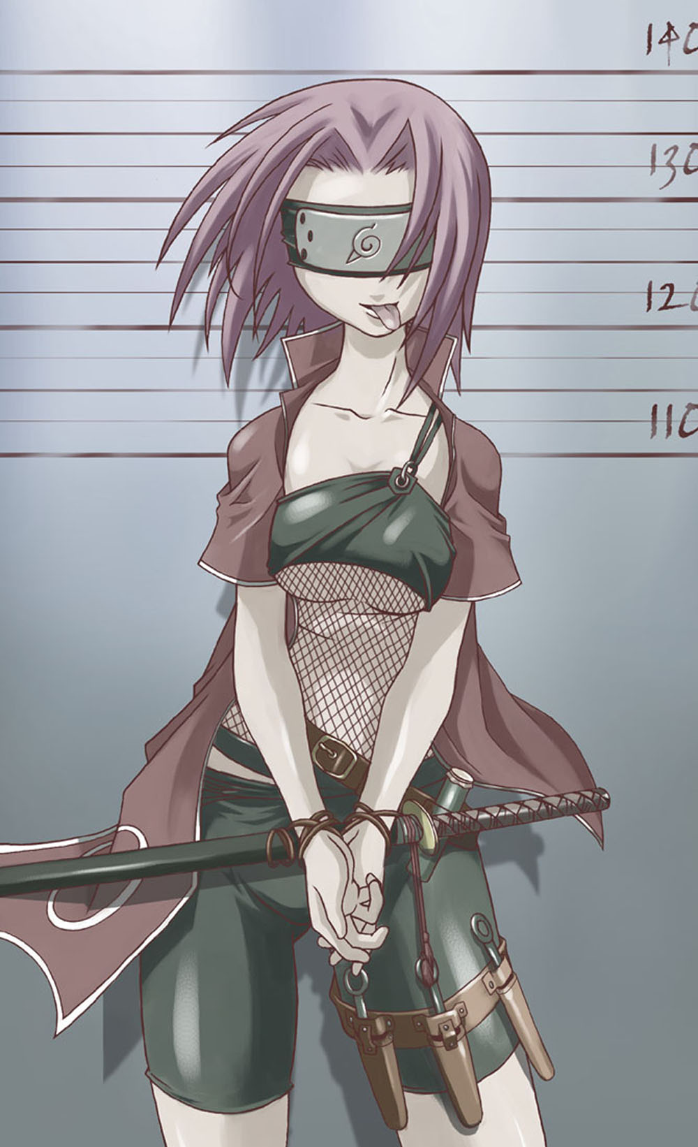 1girls arrest blindfold bondage breasts female female_only fishnets high_res highres human mugshot naruto naruto_(series) nonude oppai pink_hair sakura_haruno shitapai solo sword takara_shinnosuke tasaka_shinnosuke thigh_strap tongue tongue_out underboob weapon