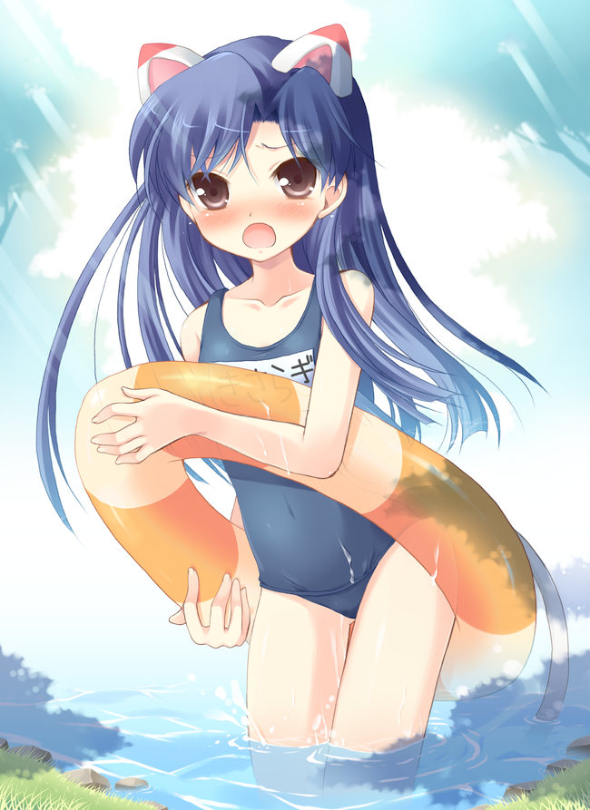 animal_ears blue_hair blush brown_eyes cat_ears female idolmaster innertube kisaragi_chihaya komi_zumiko long_hair mizugi one-piece_swimsuit school_swimsuit solo sukumizu swimsuit tail water