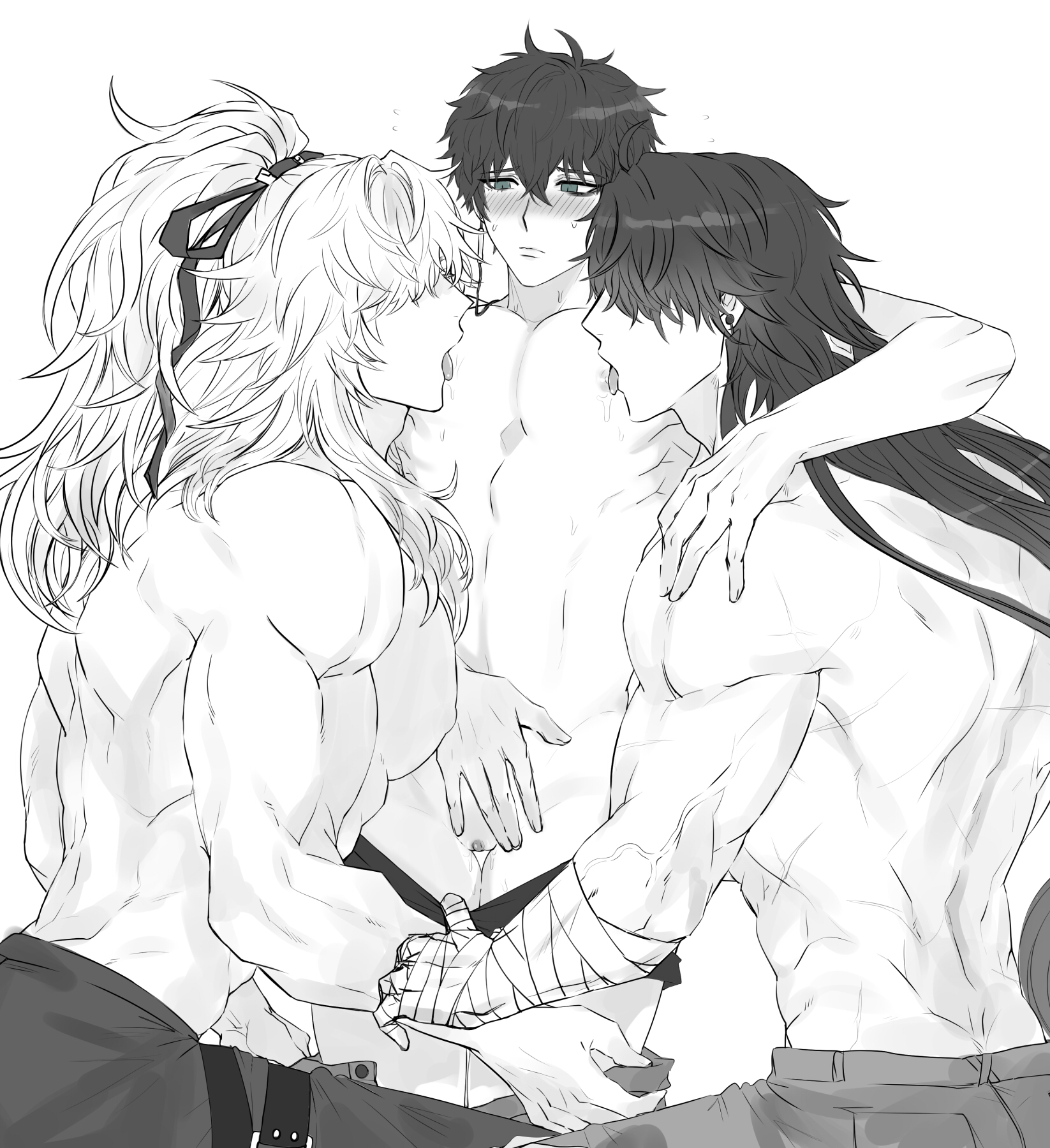 3boys, bara, big pecs, black and white, blade (honkai: star rail), breasts, cuntboy, cuntboy with breasts, dan heng, gay, honkai (series), honkai: star rail, intersex, jing yuan, licking, licking nipples, male, male on cuntboy, male only, multiple boys, multiple males, muscles, muscular, muscular male, pecs, pussy, sucking nipples, tagme, threesome, trio, undressing, wet, white background, yaoi, yougei