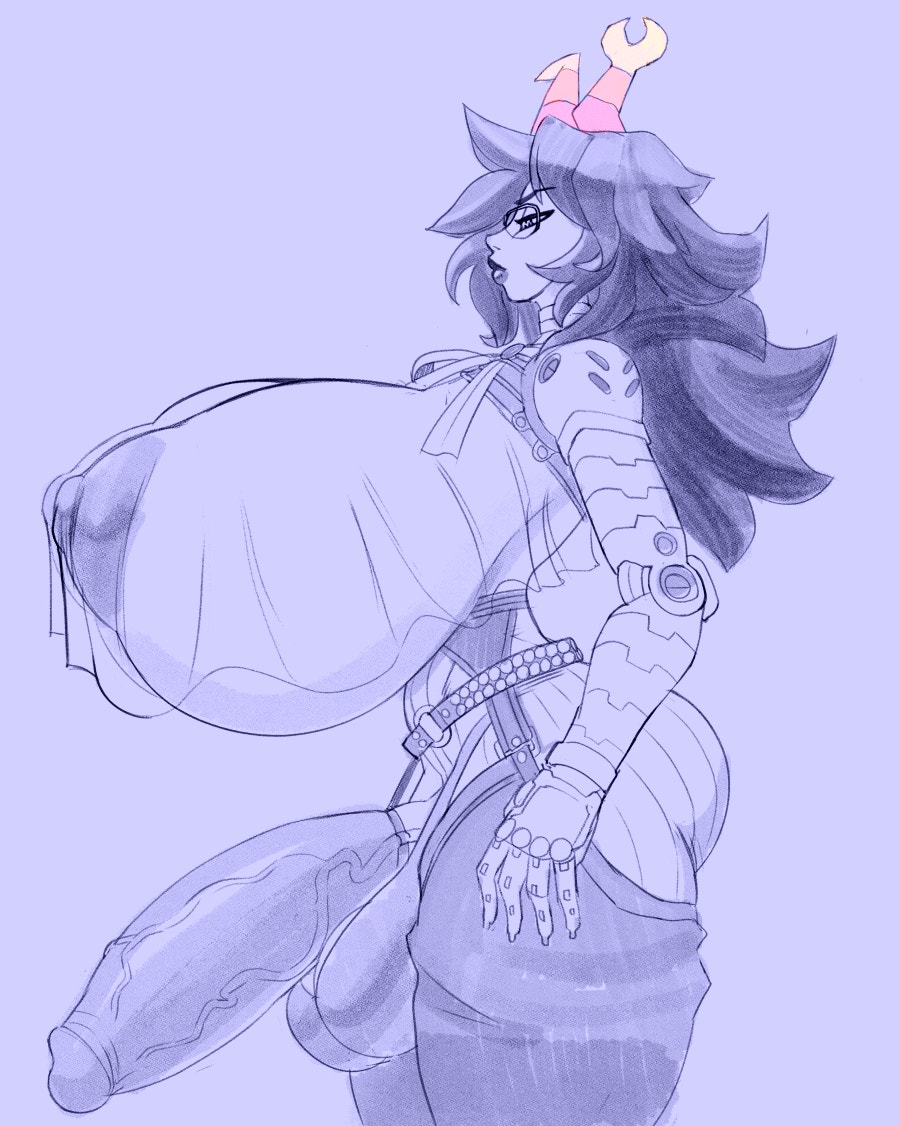 1futa, ass, balls, big ass, big balls, big breasts, big butt, big penis, breasts, breasts bigger than head, clothed, clothing, erection, futa only, futanari, gigantic breasts, homestuck, huge breasts, huge cock, humanoid, humanoid penis, intersex, long hair, monochrome, mostly nude, penis, see-through, side view, snao, solo, source request, vriska serket