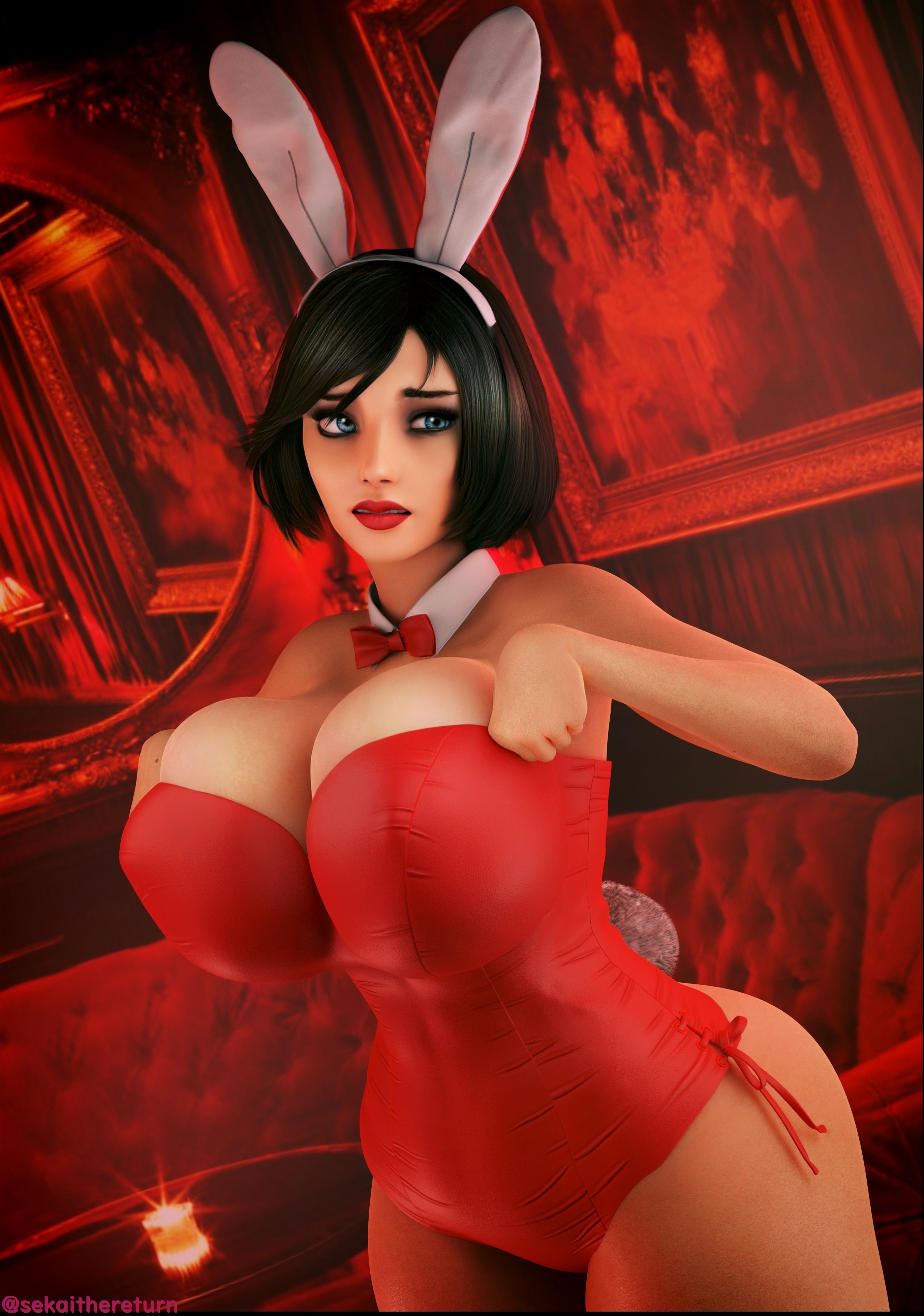 3d, bare legs, bare shoulders, big breasts, bioshock, bioshock infinite, black hair, blue eyes, breasts, bunny ears, bunny girl, bunny tail, bunnysuit, busty, cleavage, elizabeth comstock, eyeliner, eyeshadow, female, female focus, female only, hourglass figure, huge breasts, large breasts, lipstick, makeup, overflowing breasts, pinup, pinup pose, sekaithereturn, short hair, standing, voluptuous, wide hips
