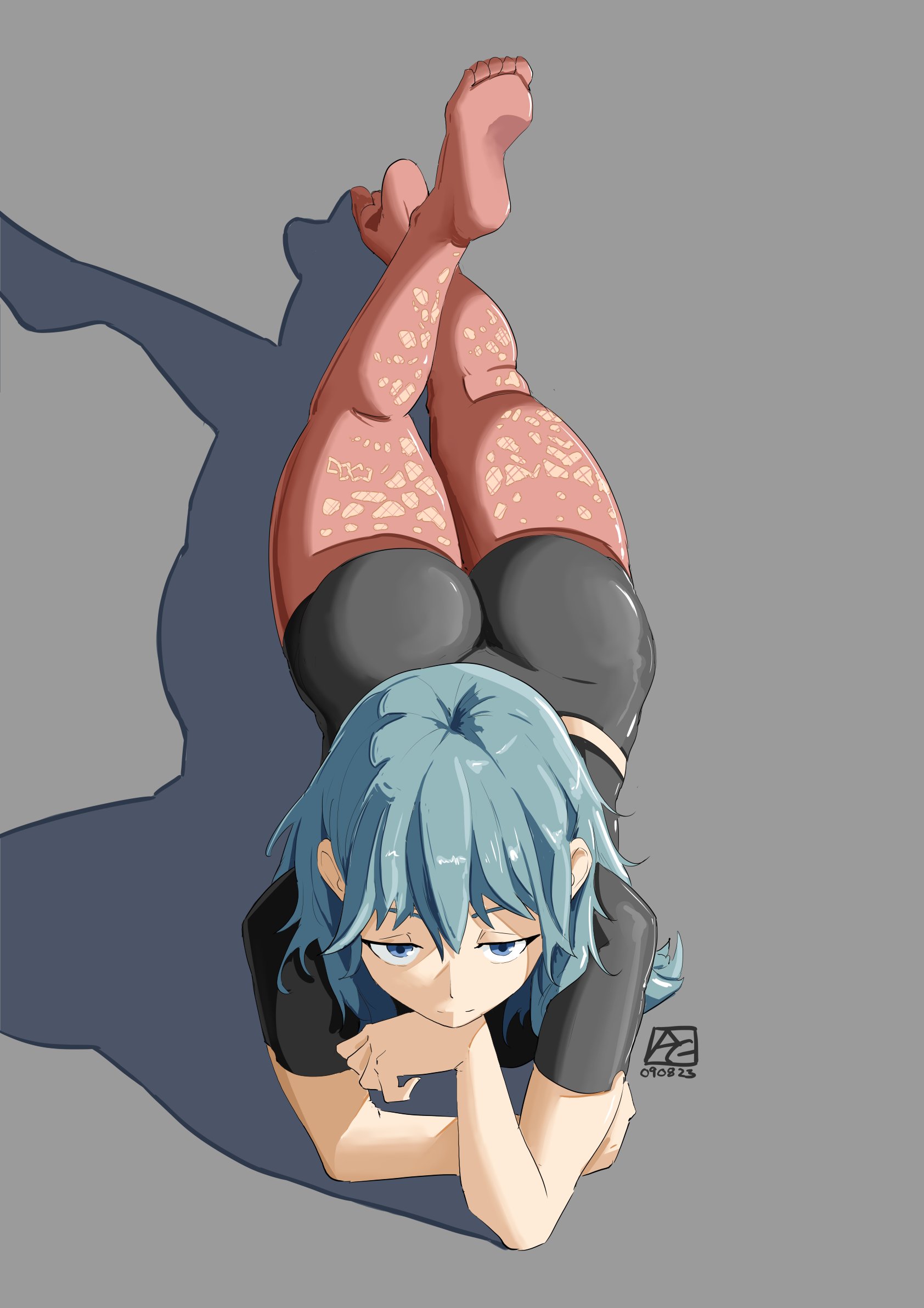 1girls, arm support, ass, automatic giraffe, big ass, blue eyes, byleth (fire emblem), byleth (fire emblem) (female), female, female only, fire emblem, fire emblem: three houses, half-closed eyes, leggings, legwear, medium hair, nintendo, pantyhose, pose, shirt, short sleeves, shorts, smile, solo, teal hair, the pose