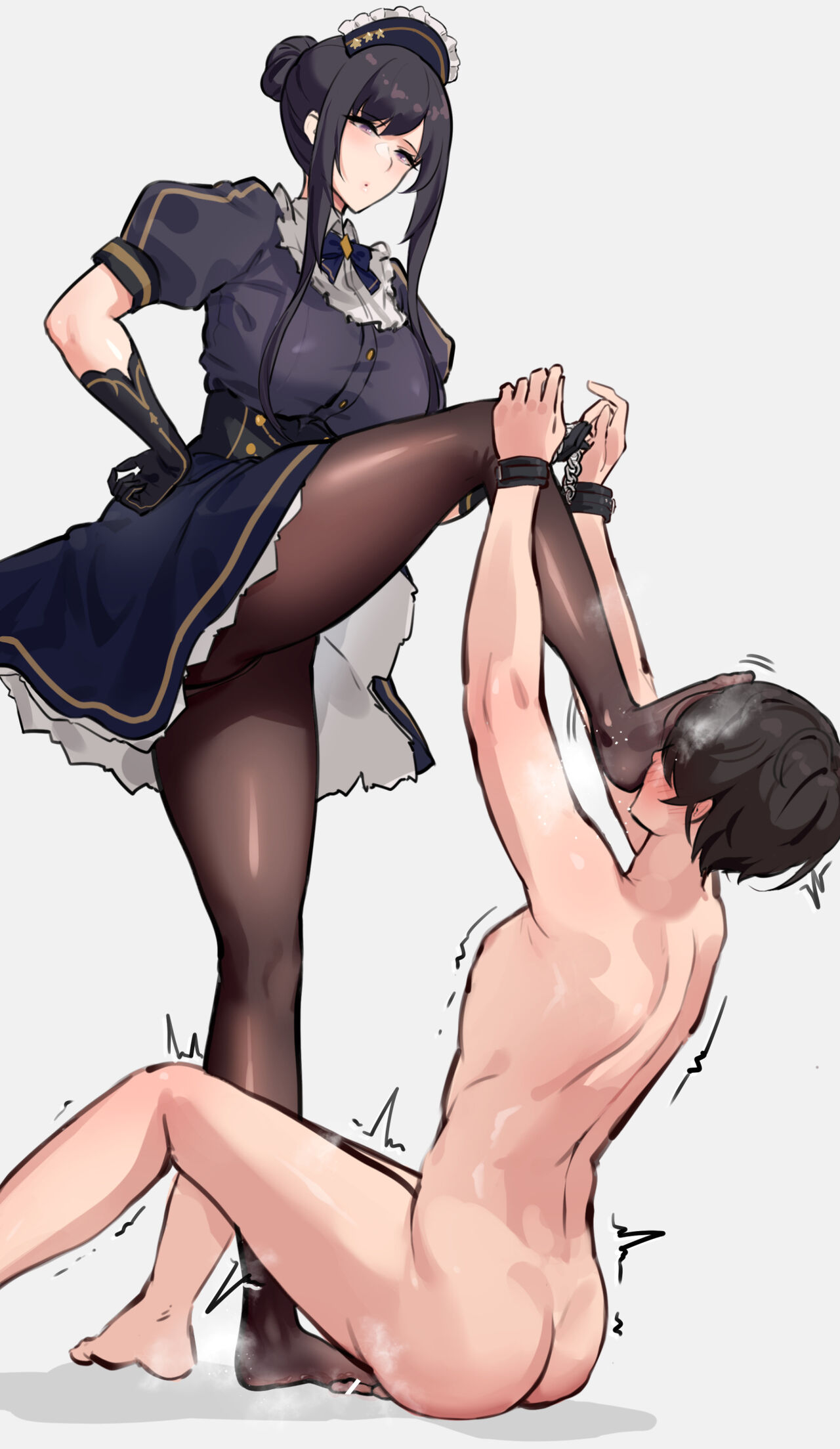 1boy 1girls 2d 2d_(artwork) black_hair cfnm dark_hair dominant_maid dress emotionless feet female femdom foot_fetish foot_on_face foot_on_head gloves hair_bun handcuffs hi_res highres humiliation light-skinned_female light-skinned_male light_skin maid male naked_male pantyhose seitoedaha small_penis smaller_male stepping_on_penis taller_girl teasing