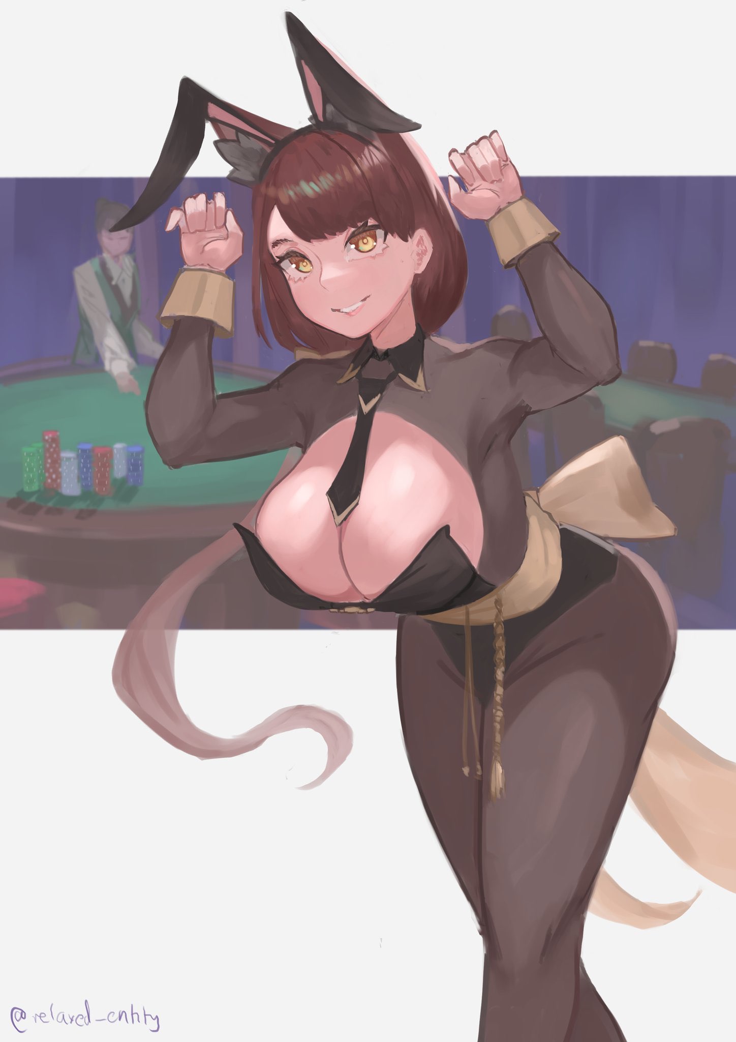 2d, 2d (artwork), animal ears, arms up, big breasts, black leotard, breasts, brown hair, bunny ears, bunnysuit, casino, cleavage, collar, covered nipples, cuffs, fake animal ears, female, fox, fox ears, fox girl, fox humanoid, gambling, huge breasts, kitsune, large breasts, leotard, light skin, light-skinned female, long hair, looking at viewer, no bra, pantyhose, playboy bunny, rabbit ears, relaxed entity, ribbon, saeko kitsune, sideboob, smile, smiling at viewer, thighs, tie, tight clothing, virtual youtuber, vtuber, wrist cuffs, wristwear, yellow eyes