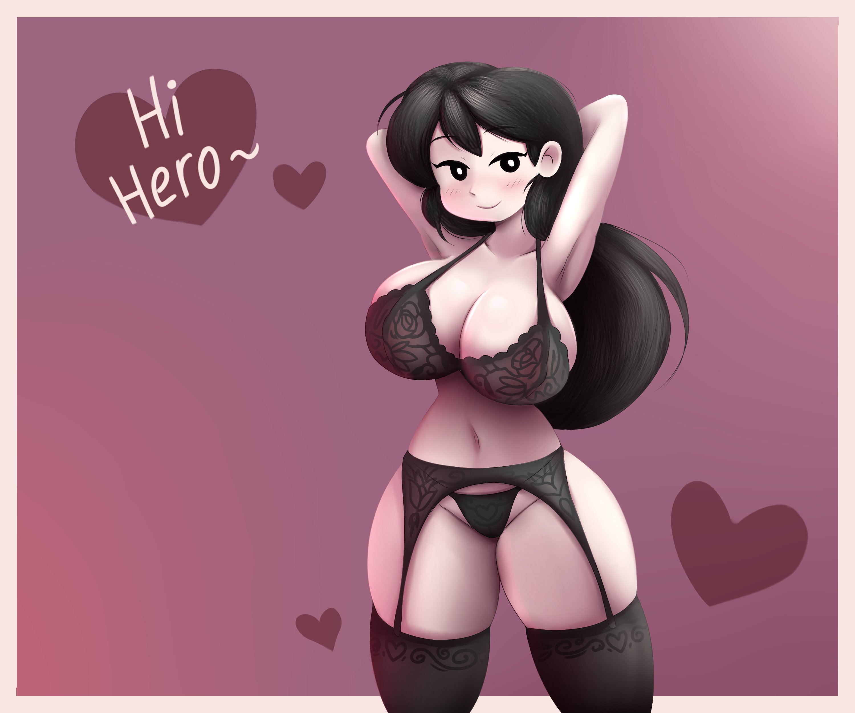 big breasts, black hair, blush, breast expansion, breast growth, breast growth (enlargement), breasts, breasts bigger than head, breasts out, female, heart, hero (omori), hyper, hyper breasts, lingerie, long hair, mari (omori), massive breasts, metachoke, omori, smile, tagme, text, thick thighs
