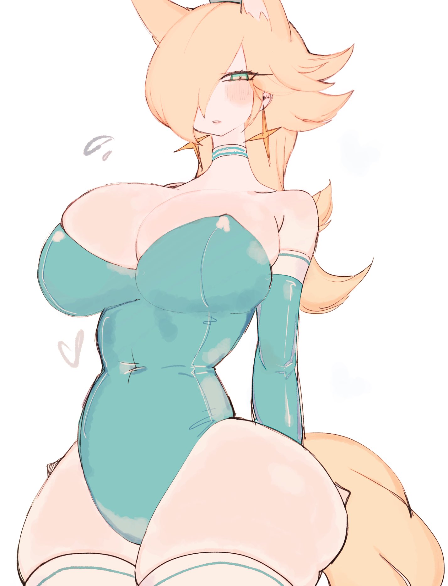 1girls, ass, big breasts, blank background, blonde female, blonde hair, blonde-haired female, blue leotard, blush, blush lines, blushing at viewer, blushing profusely, breasts, bunnysuit, choker, cleavage, clothing, elbow gloves, female, female only, gloves, hi res, leotard, long hair, looking at viewer, mario (series), nintendo, plain background, princess rosalina, simple background, solo, solo female, solo focus, standing, strapless, strapless leotard, super mario galaxy, thick, thick ass, thick hips, thick legs, thick thighs, thighhighs, thighs, usa37107692, white background, wide ass, wide hips, wide thighs, wolf, wolf ears, wolf girl, wolf humanoid, wolf tail, zettai ryouiki