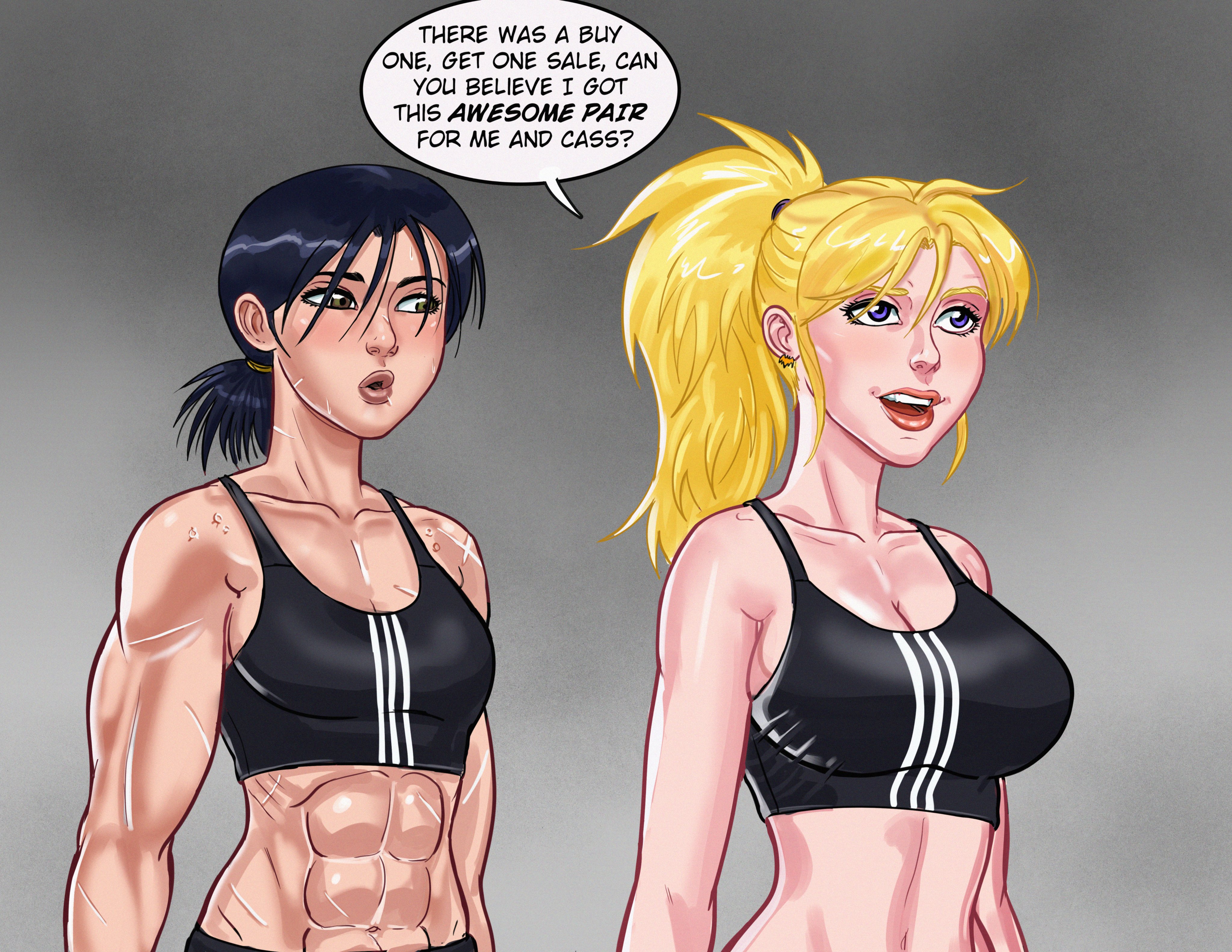 2girls, abs, batman (series), big breasts, bike shorts, blonde hair, blue eyes, blue hair, breast envy, breasts, brown eyes, bursting breasts, busty, cassandra cain, cleavage, confident, dc, dc comics, english text, female, hi res, highres, large breasts, long hair, medium support (meme), midriff, multiple females, multiple girls, navel, ponytail, pose, posing, pout, puckered lips, short hair, small breasts, sports bra, stephanie brown, ziggysketch