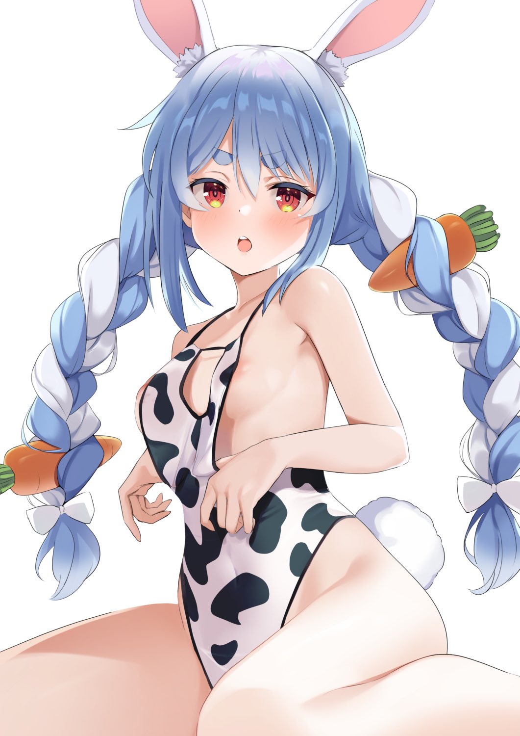 blush, breasts, cow print, embarrassed, female, hololive, hololive fantasy, hololive japan, looking at viewer, raised eyebrows, school swimsuit, small breasts, sukumizu, thick thighs, usada pekora, virtual youtuber, wariza, wide hips