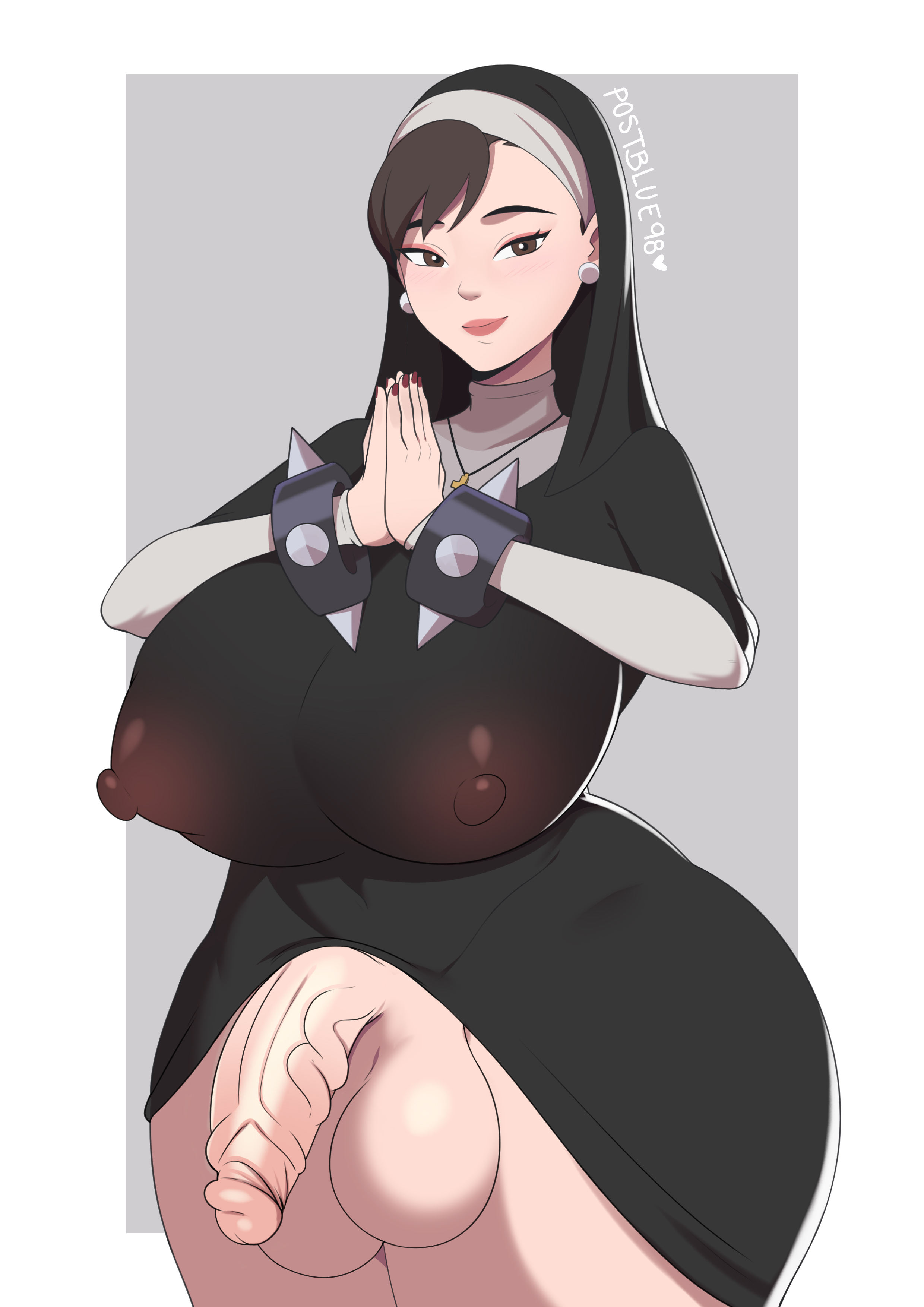 1futa, ass, balls, big penis, bottomless, breasts, brown hair, capcom, chun-li, clothed, clothing, flaccid, futa only, futanari, hips, huge ass, huge balls, huge breasts, human, intersex, large penis, light skin, light-skinned futa, mostly clothed, nun, nun outfit, nun's habit, penis, postblue98, short hair, solo, standing, street fighter, thick thighs, thighs, uncensored, wide hips