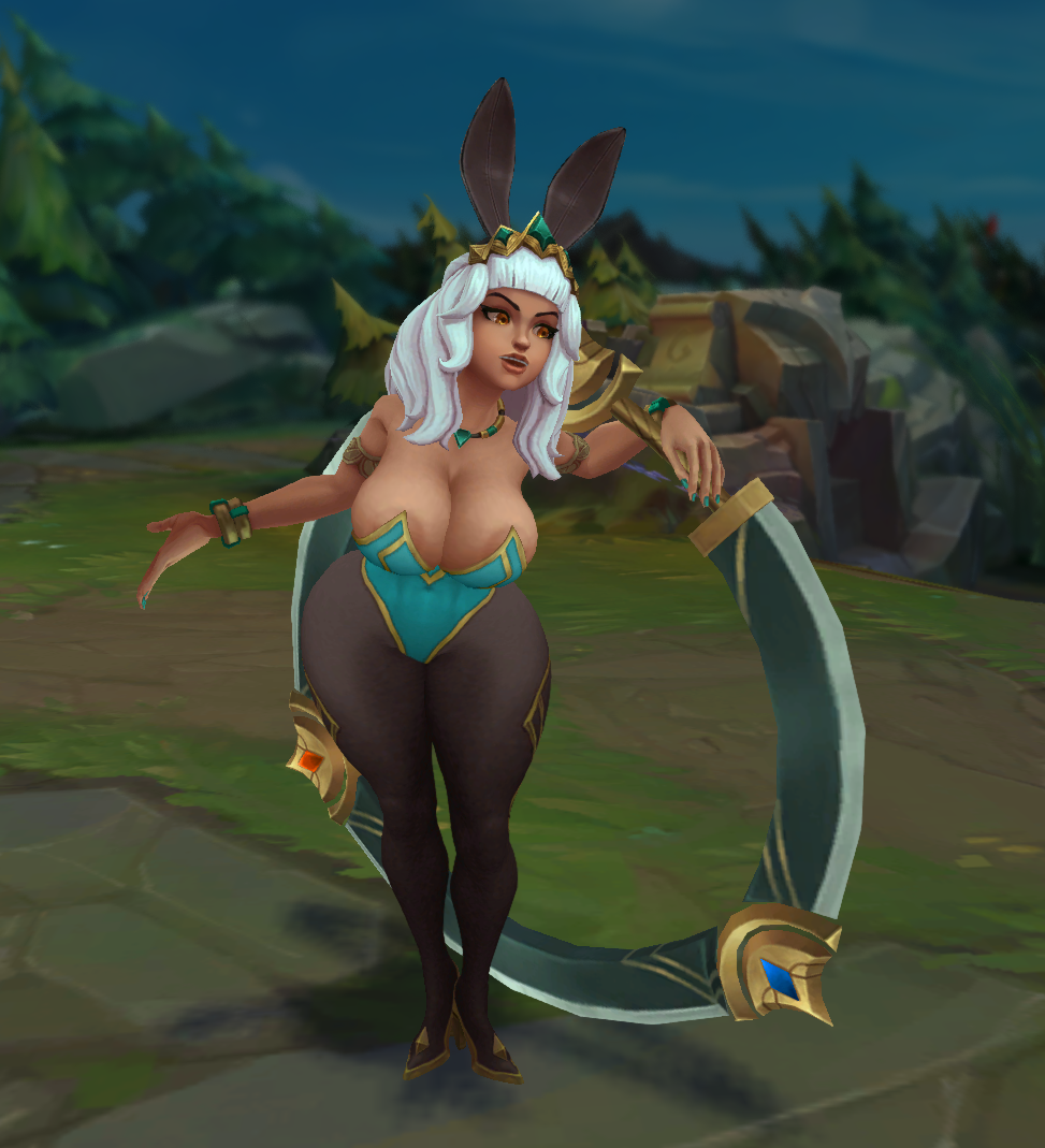 abdomera big_breasts bunnysuit dark-skinned_female female high_heels league_of_legends mostly_clothed qiyana_yunalai thick_thighs white_hair