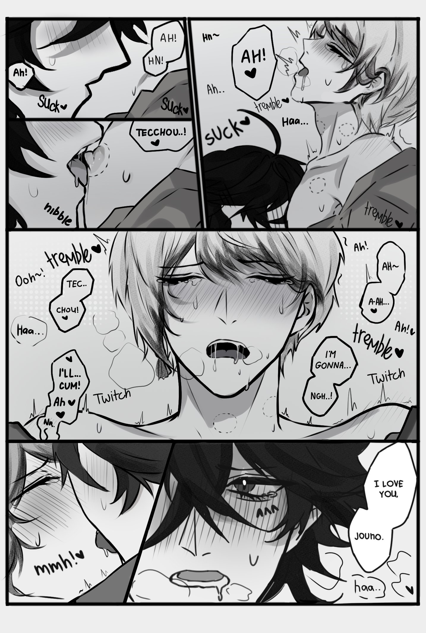 bungo stray dogs, heavy breathing, hickey, hickey marks, jouno saigiku, making out, male, male only, moaning, nipple play, saigiku jouno, sucking, sucking nipples, suehiro tecchou, tecchou suehiro, trembling, wholesome sex, yaoi