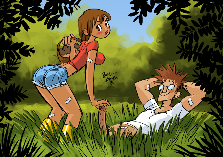 ass au_(artist) boli-blog breasts brown_hair erect_nipples erect_penis forest_background nipples_visible_through_clothing shorts