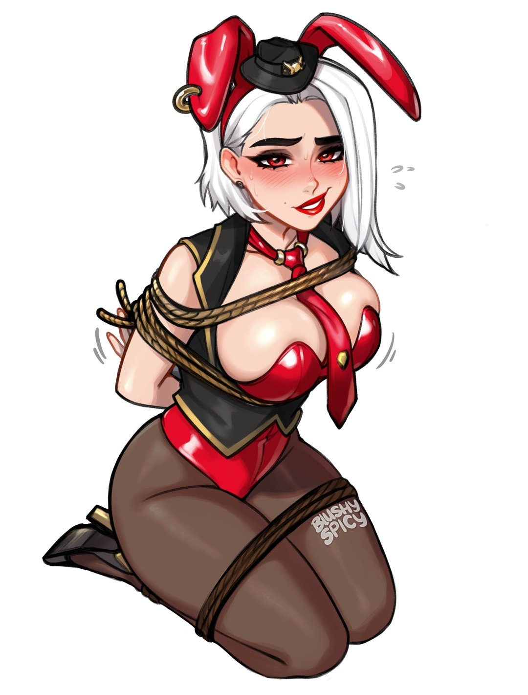 1girls, ashe (overwatch), ass, big ass, big breasts, big thighs, blush, blushypixy, blushyspicy, bondage, breasts, bunny ears, bunnysuit, cleavage, female, female only, fully clothed, hat, huge ass, lipstick, looking at viewer, overwatch, overwatch 2, pantyhose, red lipstick, rope, rope bondage, shiny clothes, short hair, tagme, thick hips, thick thighs, thighs, white hair