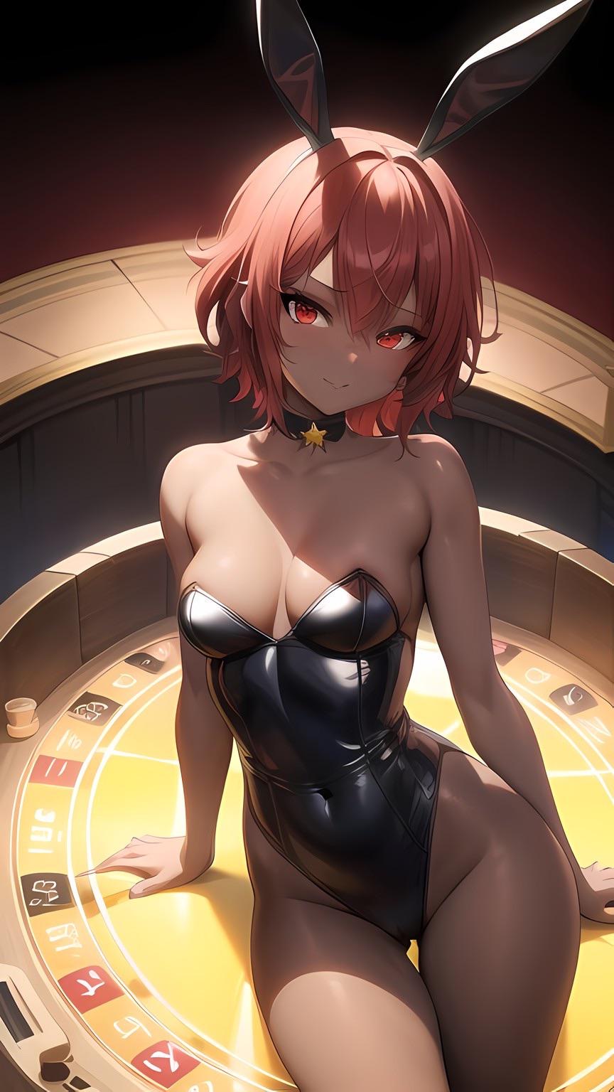 ai_generated bunny_ear bunnysuit daniella_(imaginary-rent) dark-skinned_female facing_viewer imaginary-rent non_nude red_eyes red_hair roulette_table smile smiling solo