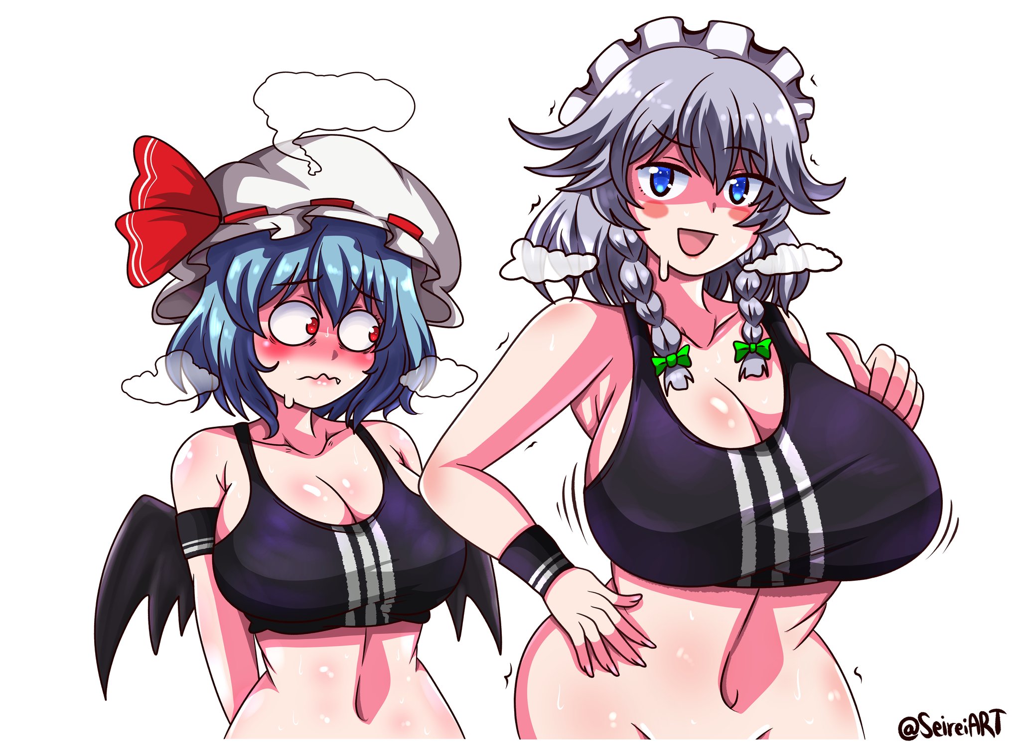 bat wings, big boobs, big breasts, big tits, blue eyes, blue hair, blush, breast awe, breasts, female, grey hair, huge breasts, looking at viewer, medium support (meme), meme, nervous, no panties, no underwear, panting, red eyes, remilia scarlet, sakuya izayoi, seireiart, sideboob, smile, smiling, smiling at viewer, sports bra, sportswear, suprised, suprised look, sweat, sweating, tagme, touhou