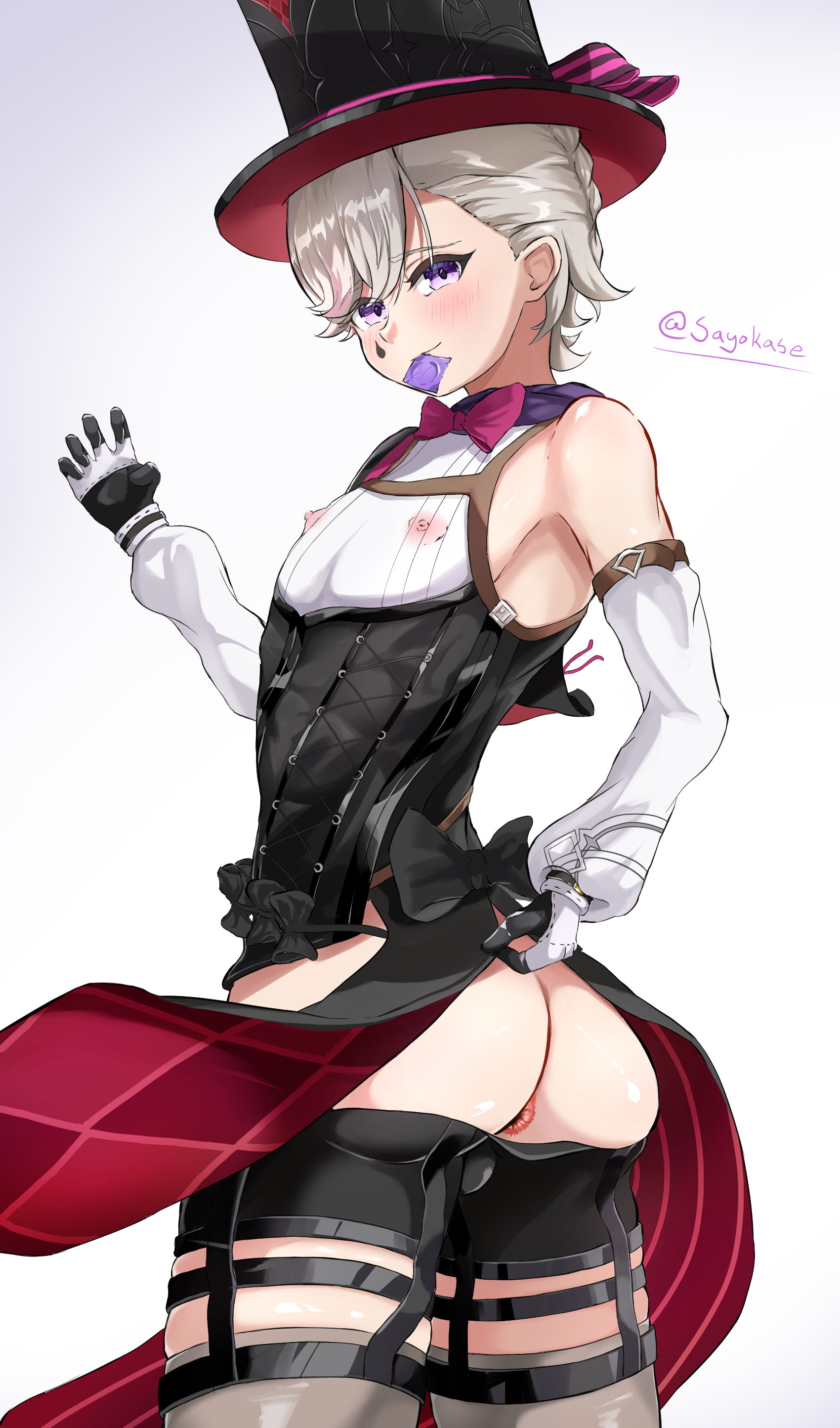 1boy, anus, anus peek, ass, big ass, bulge, clothes lift, condom, femboy, feminine male, genshin impact, girly, gloves, leather straps, lyney (genshin impact), male, male only, nipples visible through clothing, otoko no ko, presenting hindquarters, purple eyes, sayokase, shorts, solo, thick thighs, thighhighs, tight clothing, top hat, trap