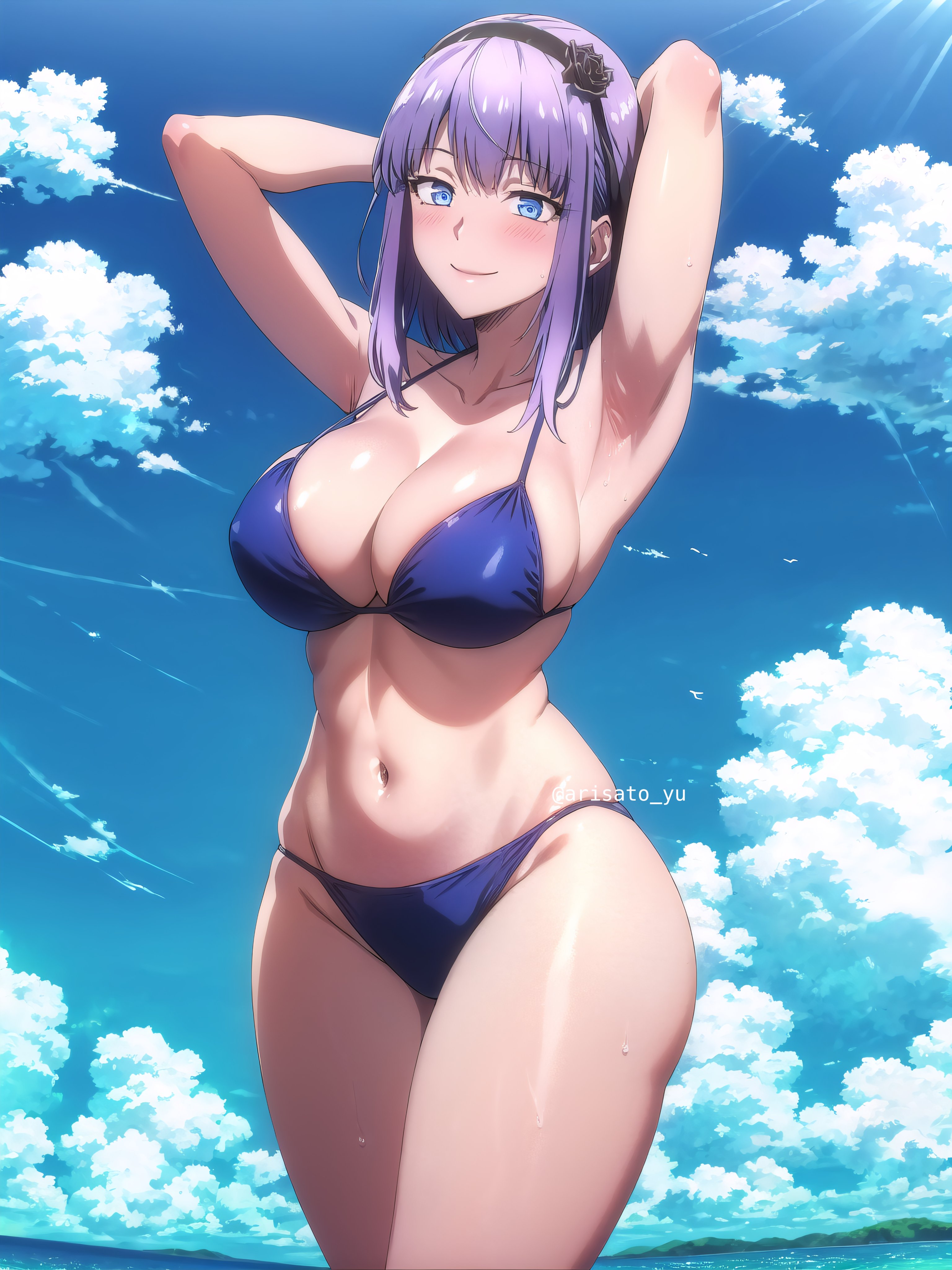 1girls, ai generated, armpits, arms behind head, beach, big breasts, bikini, blue eyes, breasts, busty, child bearing hips, cleavage, confident, dagashi kashi, female, female only, hairbow, large breasts, legs, looking at viewer, navel, ocean, pose, posing, purple hair, sensual, sexy armpits, shidare hotaru, smile, solo, swimsuit, thighs, toned, voluptuous, water