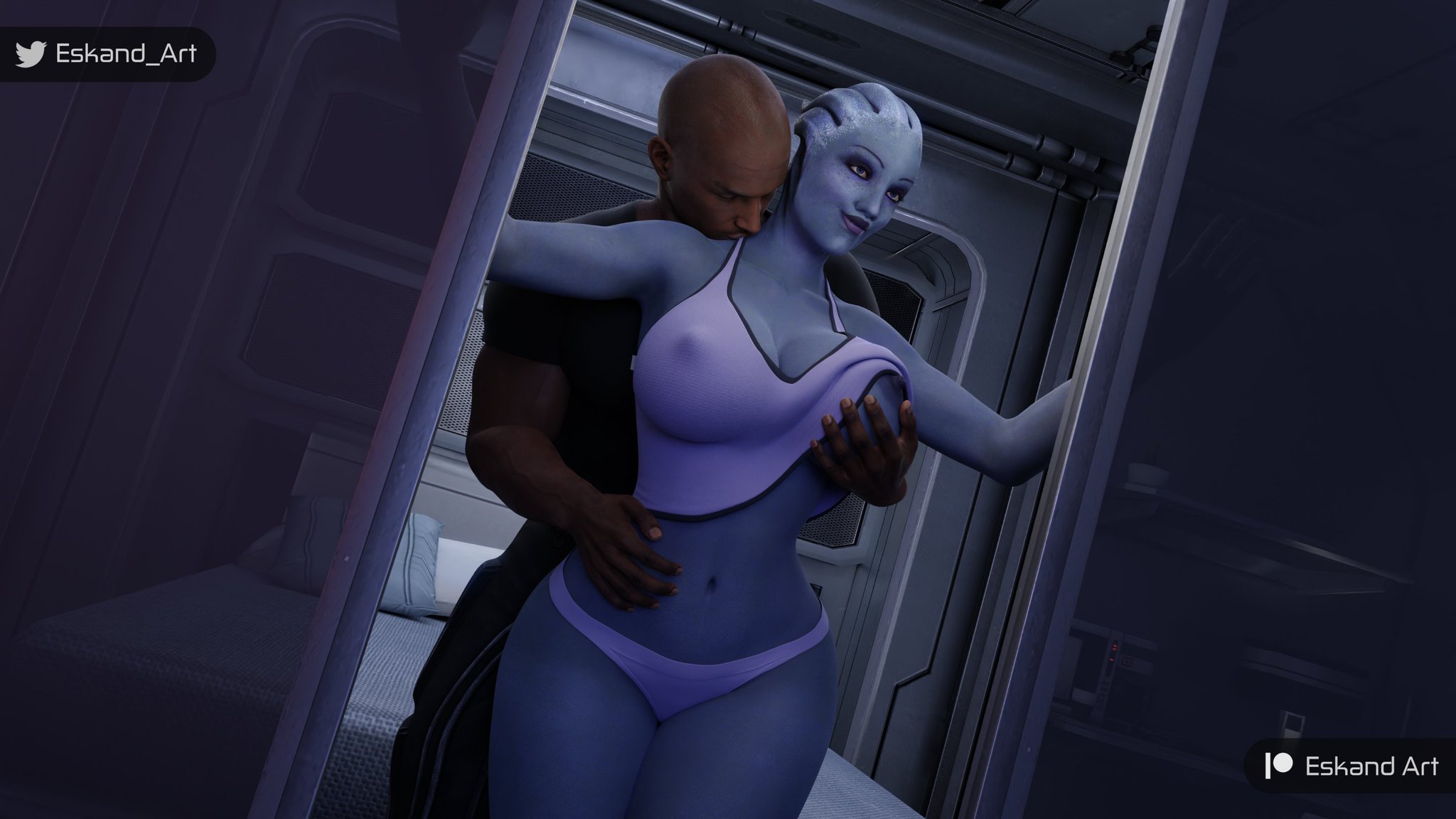 1girls, 3d, alien, alien girl, alien humanoid, asari, bald, big breasts, bioware, blue skin, blue-skinned female, breasts, cleavage, curvy, dark skin, dark-skinned male, digital media (artwork), doorway, electronic arts, erect nipples under clothes, eskandart, eyes, female, female focus, fondling, foreplay, front view, huge breasts, humanoid, interracial, interspecies, kissing neck, large breasts, legs, liara t'soni, lips, male, mass effect, mass effect 2, mass effect 3, nipple bulge, pseudo hair, spaceship, spaceship interior, straight, tank top, tentacle hair, waist, white clothing, white panties, white tank top, white topwear, wide hips