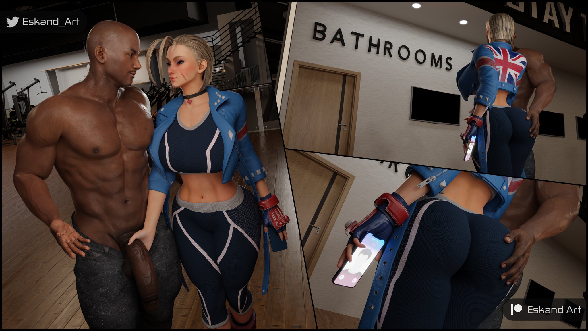 1boy, 1girls, 3d, ass, ass grab, athletic, athletic female, big ass, big breasts, blonde hair, bottom heavy, breasts, british, british female, brown body, brown skin, brown-skinned male, bust, busty, cammy white, capcom, caucasian, caucasian female, chest, cleavage, curvaceous, curvy, curvy figure, dark skin, dark-skinned male, eskandart, european, european female, eyebrows, eyelashes, eyes, female, female focus, fit, fit female, gym, hair, hips, hourglass figure, huge ass, huge breasts, human, interracial, large ass, large breasts, legs, light skin, light-skinned female, lips, male, mature, mature female, slim, slim waist, straight, street fighter, street fighter 6, thick, thick hips, thick legs, thick thighs, thighs, top heavy, top heavy breasts, upper body, voluptuous, voluptuous female, waist, wide hips