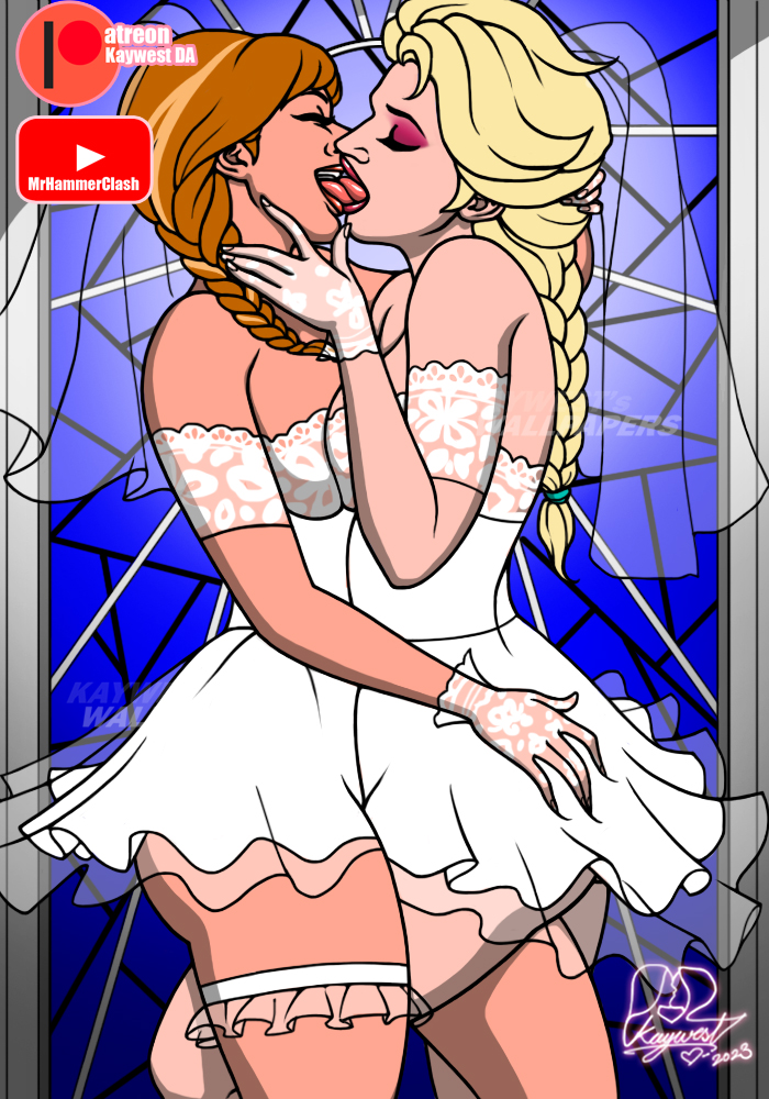 2020s 2023 2girls anna_(frozen) artist_signature big_breasts braided_ponytail breasts bride bride_and_bride closed_eyes commission cowboy_shot disney disney_princess elsa_(frozen) elsanna eyeshadow female female_only french_kiss french_kissing frozen_(film) garter incest kaywest kissing lesbian_kiss marriage short_dress single_garter sister_and_sister sisters stained_glass stained_glass_window strapless_dress tongue_kiss tongue_out wedding wedding_dress wedding_garter wedding_gloves wedding_veil yuri