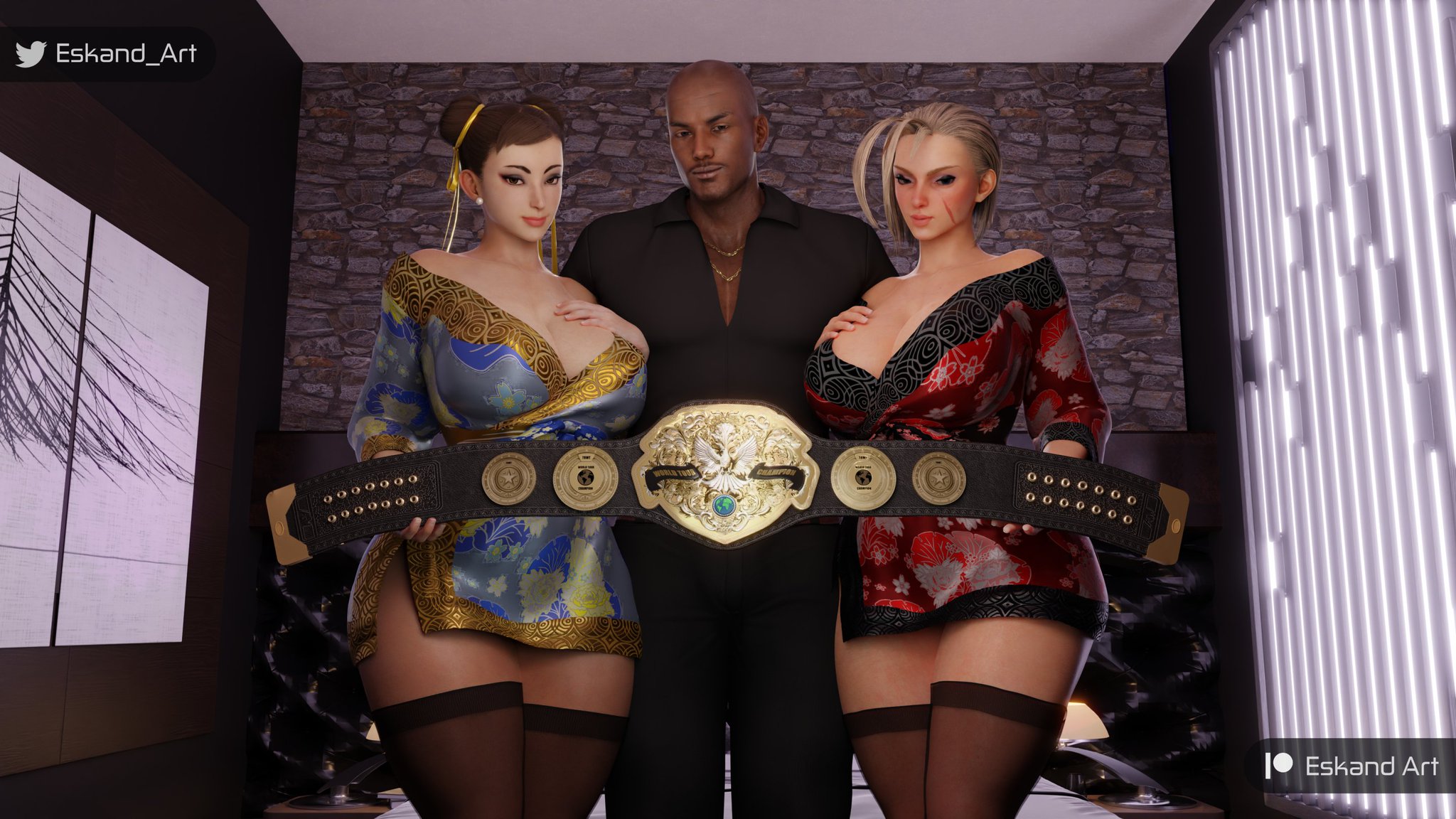 1boy, 2girls, 3d, asian, asian female, ass, athletic, athletic female, big ass, big breasts, blonde hair, bottom heavy, breasts, british, british female, brown body, brown skin, brown-skinned male, bust, busty, cammy white, capcom, caucasian, caucasian female, chest, chun-li, cleavage, curvaceous, curves, curvy, curvy figure, dark skin, dark-skinned male, digital media (artwork), eskandart, european, european female, eyebrows, eyelashes, eyes, female, female focus, fit, fit female, hair, hips, hourglass figure, huge ass, huge breasts, human, interracial, large ass, large breasts, legs, light skin, light-skinned female, lips, male, male/female, mature, mature female, slim, slim waist, straight, street fighter, street fighter 6, thick, thick hips, thick legs, thick thighs, thighs, threesome, top heavy, top heavy breasts, upper body, voluptuous, voluptuous female, waist, wide hips