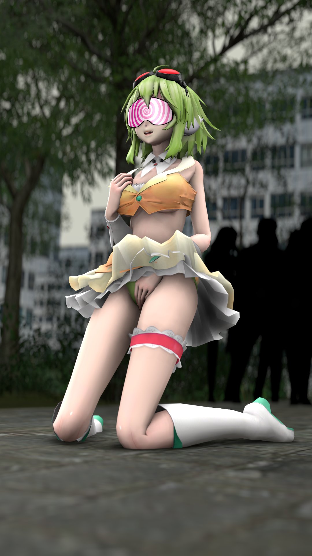 1girls 3d 3d_(artwork) crowd_watching goggles goggles_on_head green_eyes green_hair gumi hand_on_panties hand_on_pussy hypnosis lera_sfm_(artist) megpoid megpoid_gumi sfm source_filmmaker vocaloid