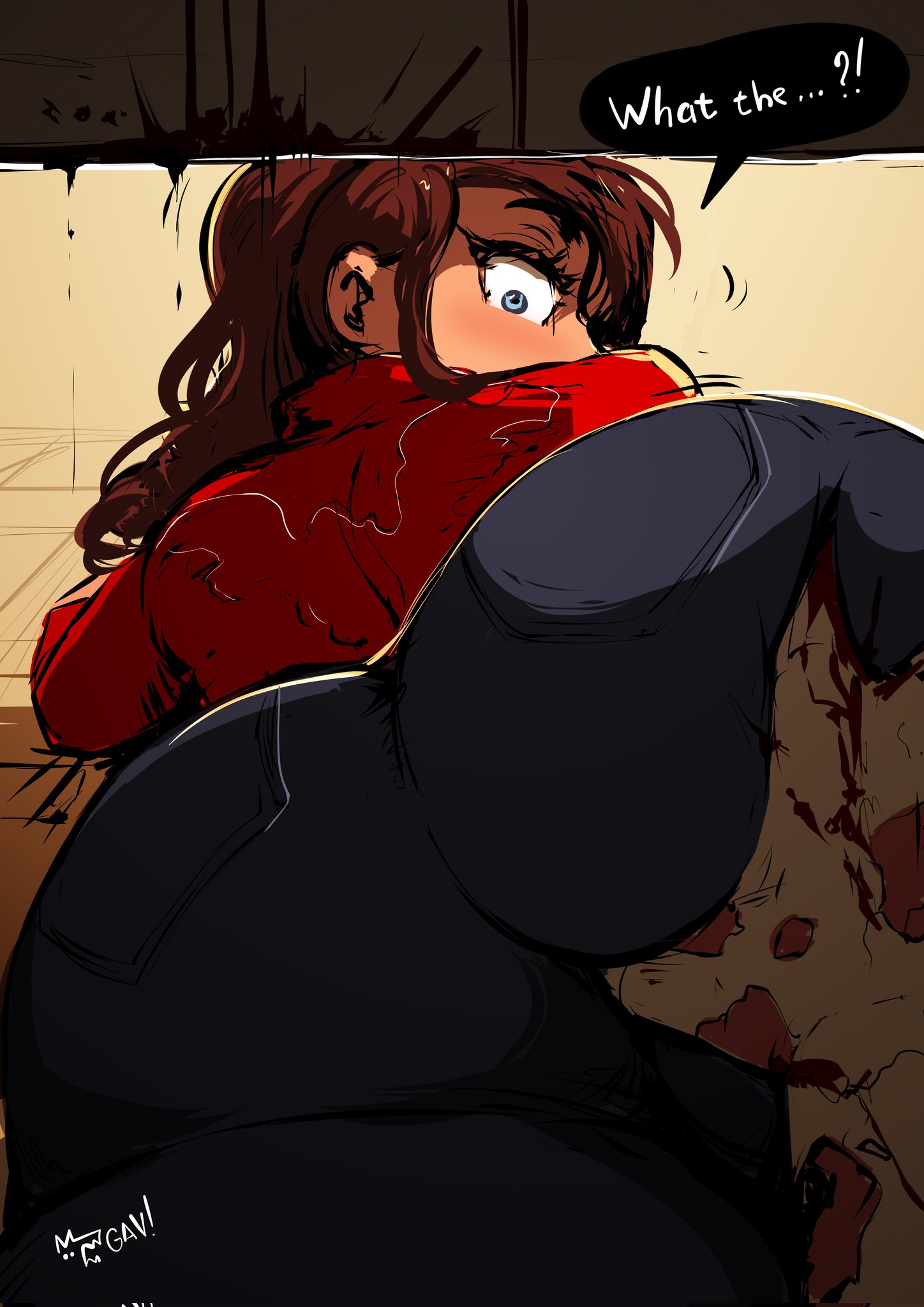 aleksandrgav, ass, ass focus, ass grab, blue eyes, brown hair, capcom, claire redfield, female, from behind, grabbing ass, grabbing from behind, jeans, looking at viewer, looking back, monster, pov, resident evil, resident evil 2, resident evil 2 remake, surprised