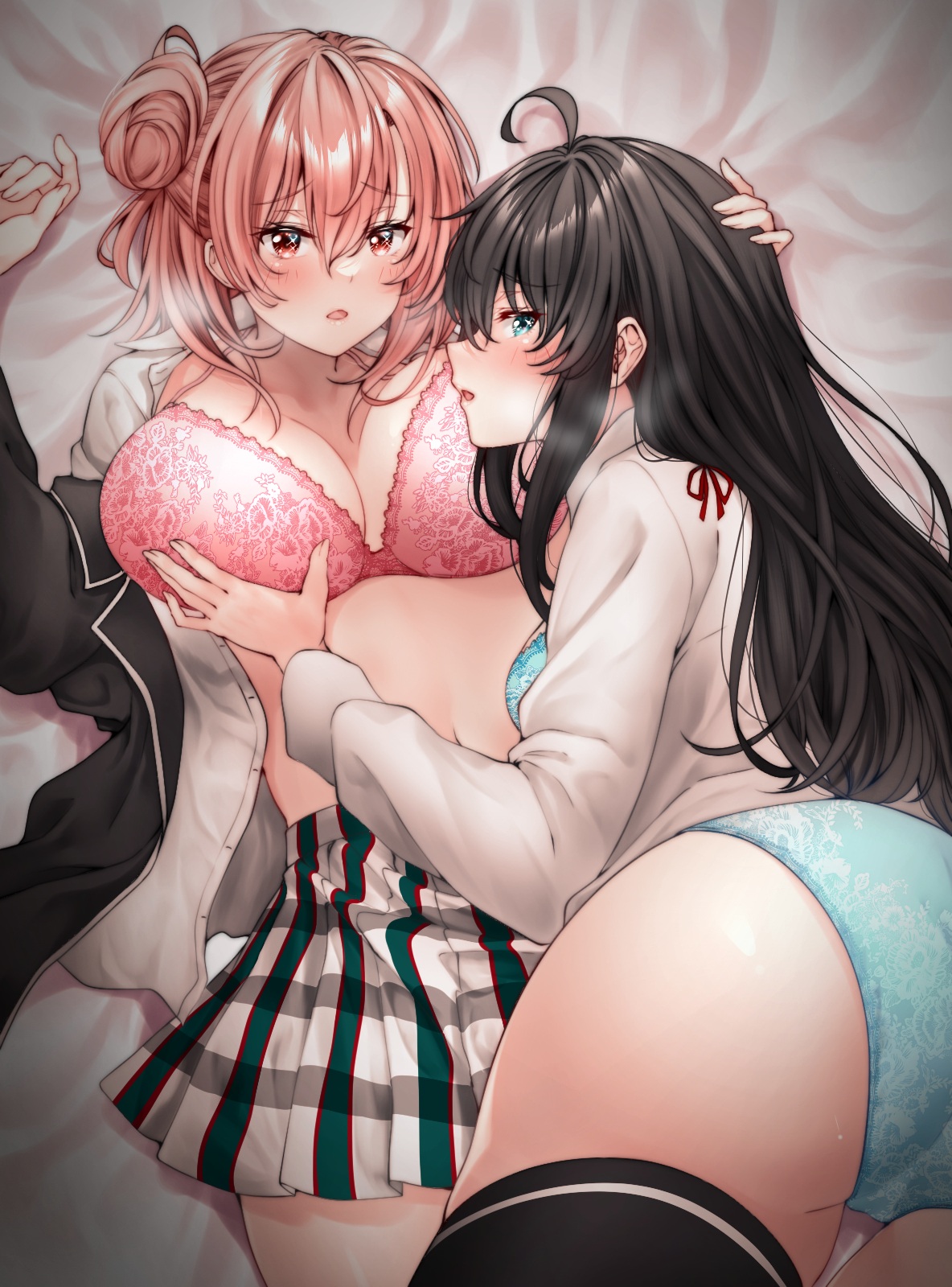 2girls, aqua eyes, ass, black hair, black jacket, black thighhighs, blazer, blue bra, blue panties, blush, bra, breasts, cleavage, collared shirt, female, female only, from above, grabbing, grabbing another's breast, hair between eyes, hair bun, hair ribbon, hand on another's head, hands up, highres, jacket, lace, lace bra, lace panties, large breasts, long hair, long sleeves, looking at viewer, lying, medium hair, multiple females, multiple girls, my teen romantic comedy snafu, navel, on back, open clothes, open jacket, open shirt, orange hair, panties, parted lips, pink bra, plaid, plaid skirt, profile, red eyes, red hayao, red ribbon, ribbon, school uniform, shirt, single hair bun, single side bun, skirt, sobu high school uniform, teenager, thighhighs, underwear, white shirt, yuigahama yui, yukinoshita yukino, yuri