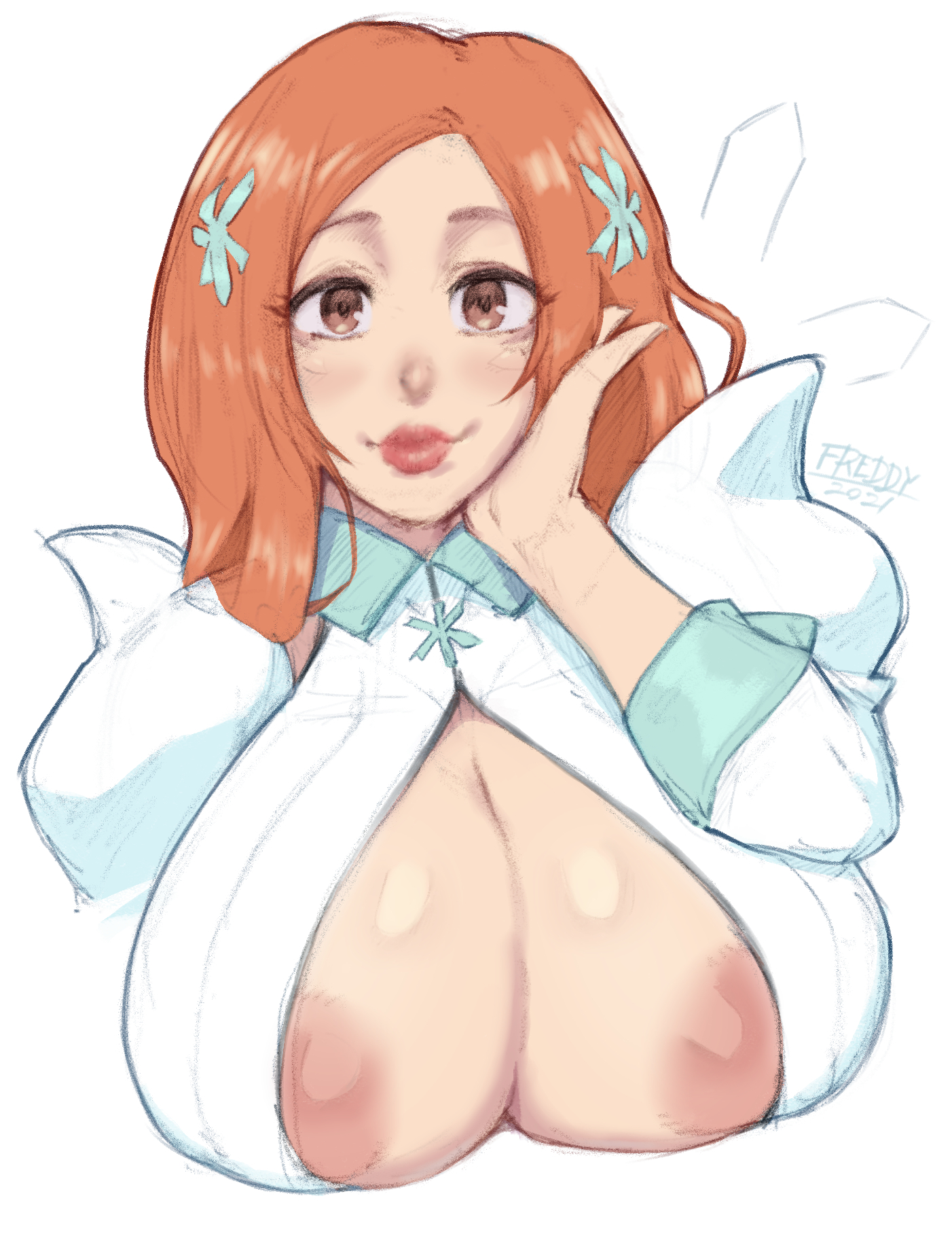 1girls, about to burst, areola slip, barely contained, barely contained breasts, barely fits, big breasts, big lips, bleach, bleach: the thousand-year blood war, breasts, breasts spilling out, breasts too big, bursting breasts, female, female only, freddyhalloween, huge breasts, imminent wardrobe malfunction, inoue orihime, light skin, light-skinned female, nipple slip, orange hair, orange-haired female, plump lips, solo, straining clothing, tight clothing, tight fit, too tight, undersized clothes, undersized clothing, white background
