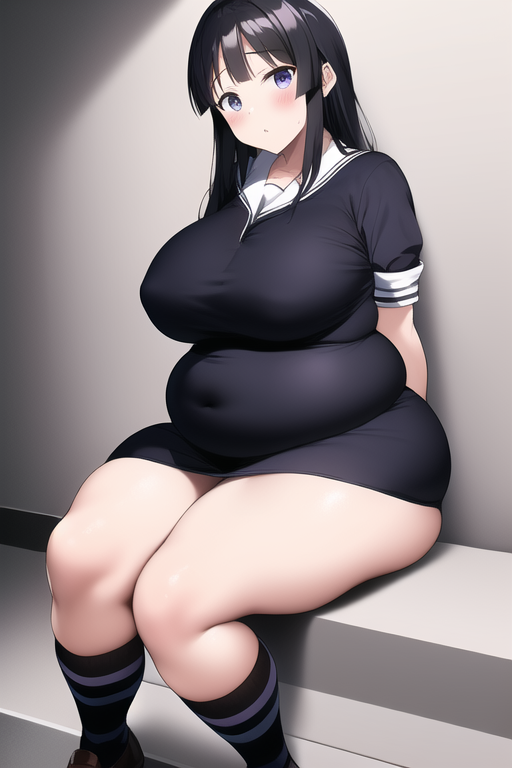 ai_generated bbw belly_overhang big_belly big_breasts big_female blush chubby chubby_female embarrassed fat fat_ass fat_female fat_fetish fat_girl fat_woman fatty k-on! kneehighs large_female mio_akiyama_(k-on!) obese obese_female overweight overweight_female plump pork_chop thick_thighs weight_gain