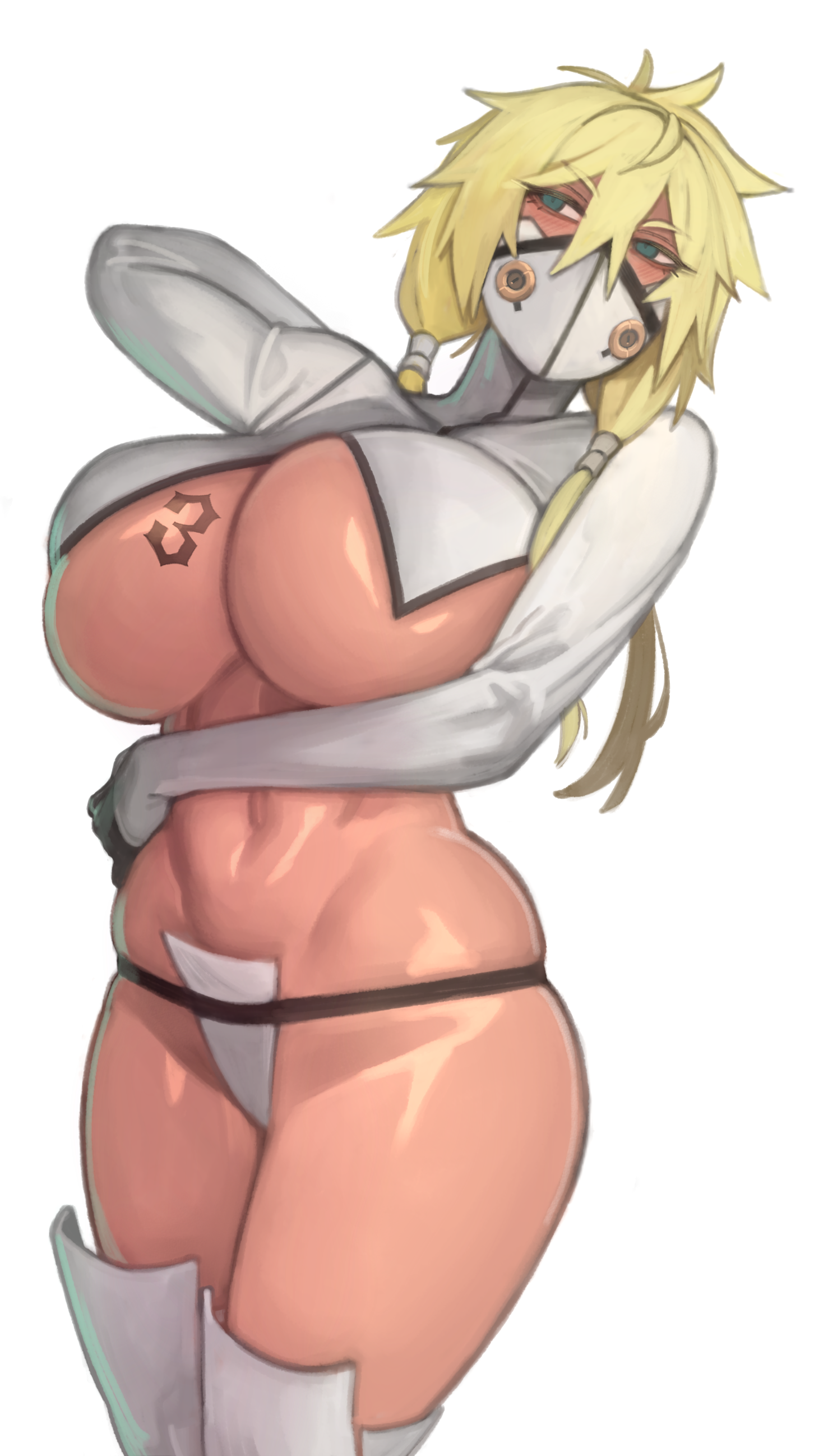1girls, big breasts, bleach, blonde hair, breast tattoo, breasts, dark skin, dark-skinned female, female, green eyes, hi res, kelvin hiu, large breasts, long hair, mask, number tattoo, thick thighs, tia harribel, underboob