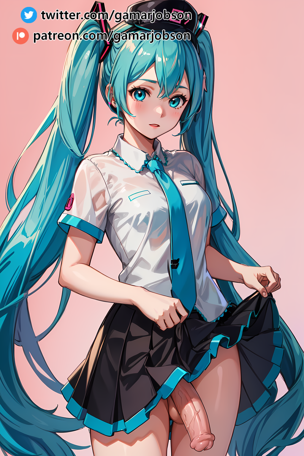 1girl, ai generated, aqua eyes, aqua hair, black skirt, blue eyes, blush, breasts, clothes lift, collared shirt, cowboy shot, erection, futa only, futanari, gamarjobson, hair between eyes, hatsune miku, hi res, horse penis, horsecock, horsecock futa, human with animal genitalia, human with horsecock, intersex, lifted by self, lifting skirt, long hair, looking at viewer, medium breasts, necktie, parted lips, patreon, patreon username, penis, pink background, pleated skirt, seductive, shirt, short sleeves, simple background, skirt, skirt lift, solo, testicles, twintails, twitter username, uncensored, veiny penis, very long hair, vocaloid, watermark, white shirt