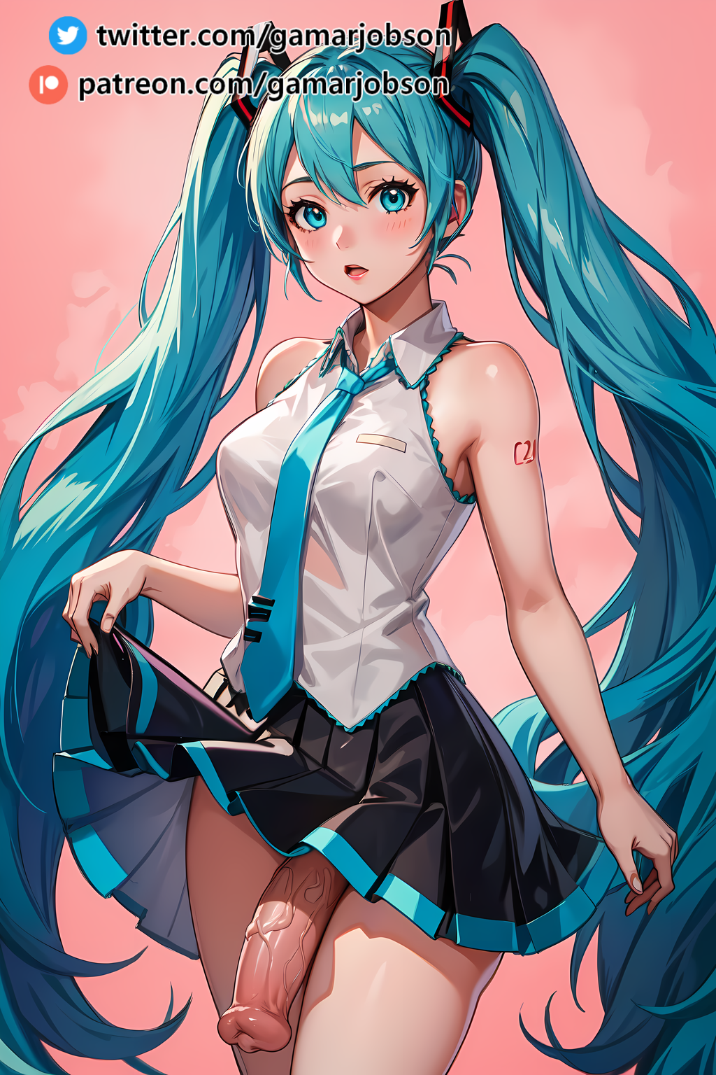1girl, ai generated, aqua eyes, aqua hair, bare shoulders, black skirt, blush, breasts, clothes lift, cowboy shot, erection, futanari, gamarjobson, hair between eyes, hatsune miku, hi res, horse penis, horsecock, horsecock futa, human with animal genitalia, human with horsecock, intersex, lifting skirt, long hair, looking at viewer, medium breasts, miniskirt, necktie, open mouth, patreon, patreon username, penis, pleated skirt, seductive, shirt, skirt, skirt lift, sleeveless, sleeveless shirt, solo, solo futa, tattoo, twintails, twitter username, uncensored, veins, veiny penis, very long hair, vocaloid