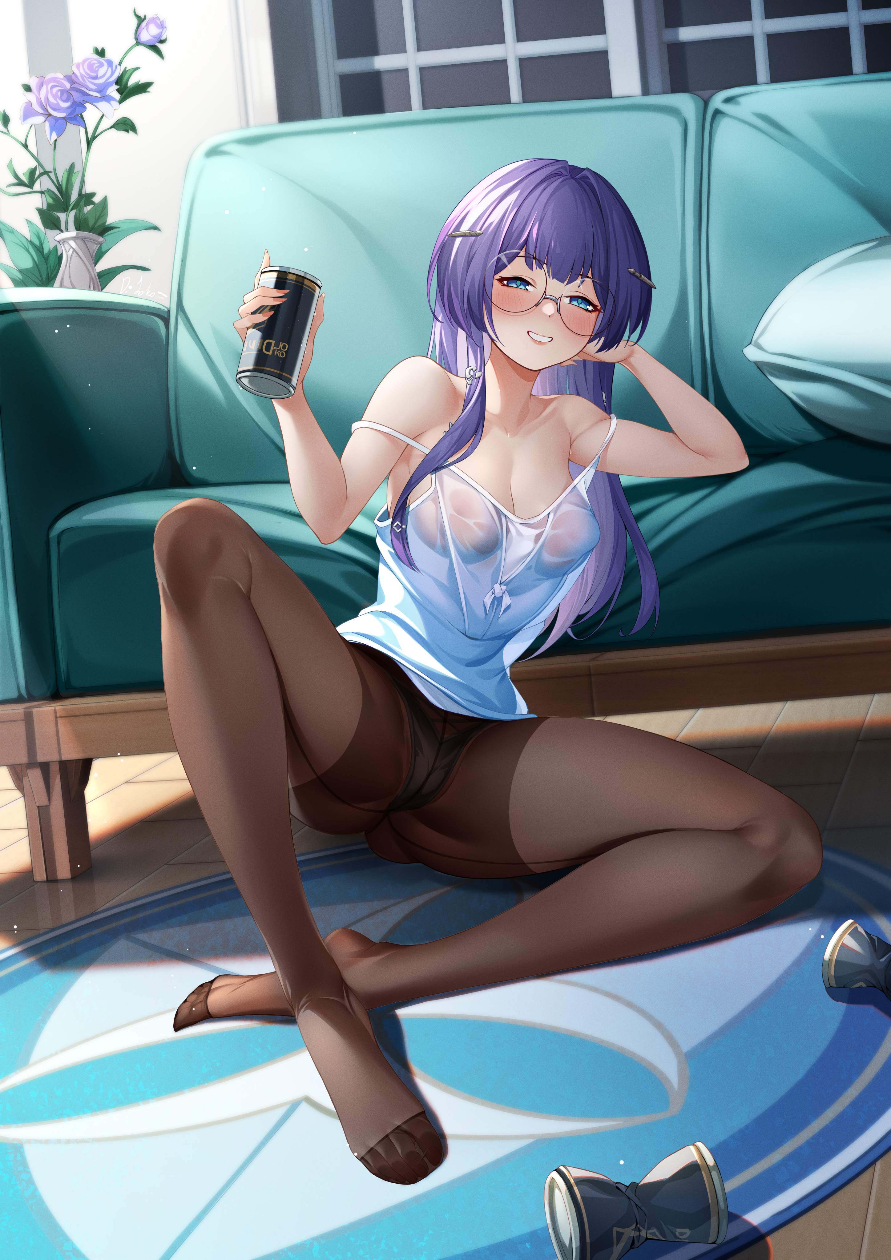 beer can, blue eyes, blue hair, breasts, breasts visible through clothing, couch, d.joko, female, glasses, honkai (series), honkai: star rail, large breasts, long hair, nipples visible through clothing, pela (honkai: star rail), spread legs, wet clothes, wet shirt