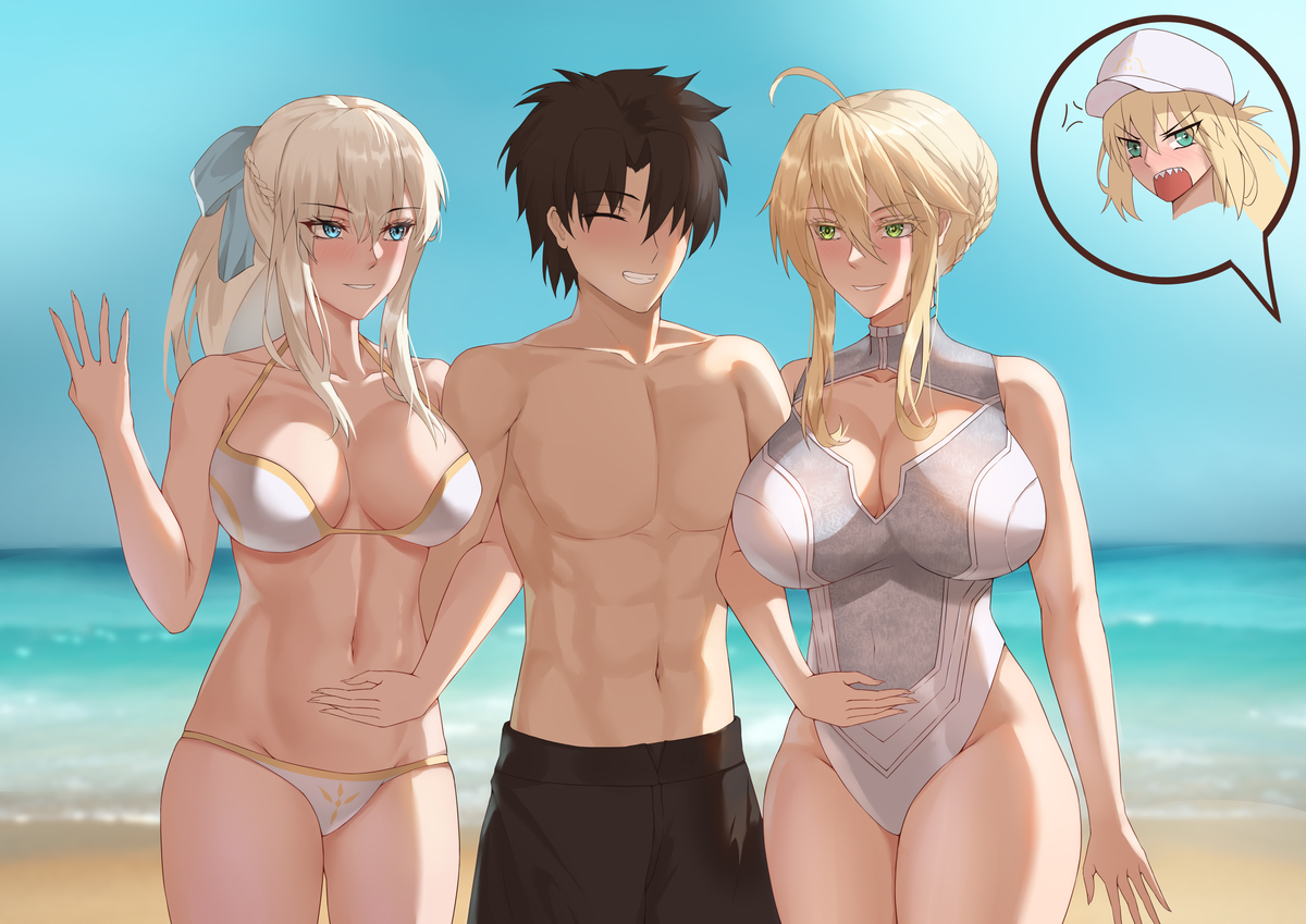 1boy, 3girls, artoria pendragon (caster), artoria pendragon (lancer), artoria pendragon (swimsuit ruler), artoria pendragon (swimsuit ruler) (second ascension) (fate), blonde hair, fate (series), fate/grand order, female, green eyes, male, morgan le fay (fate)