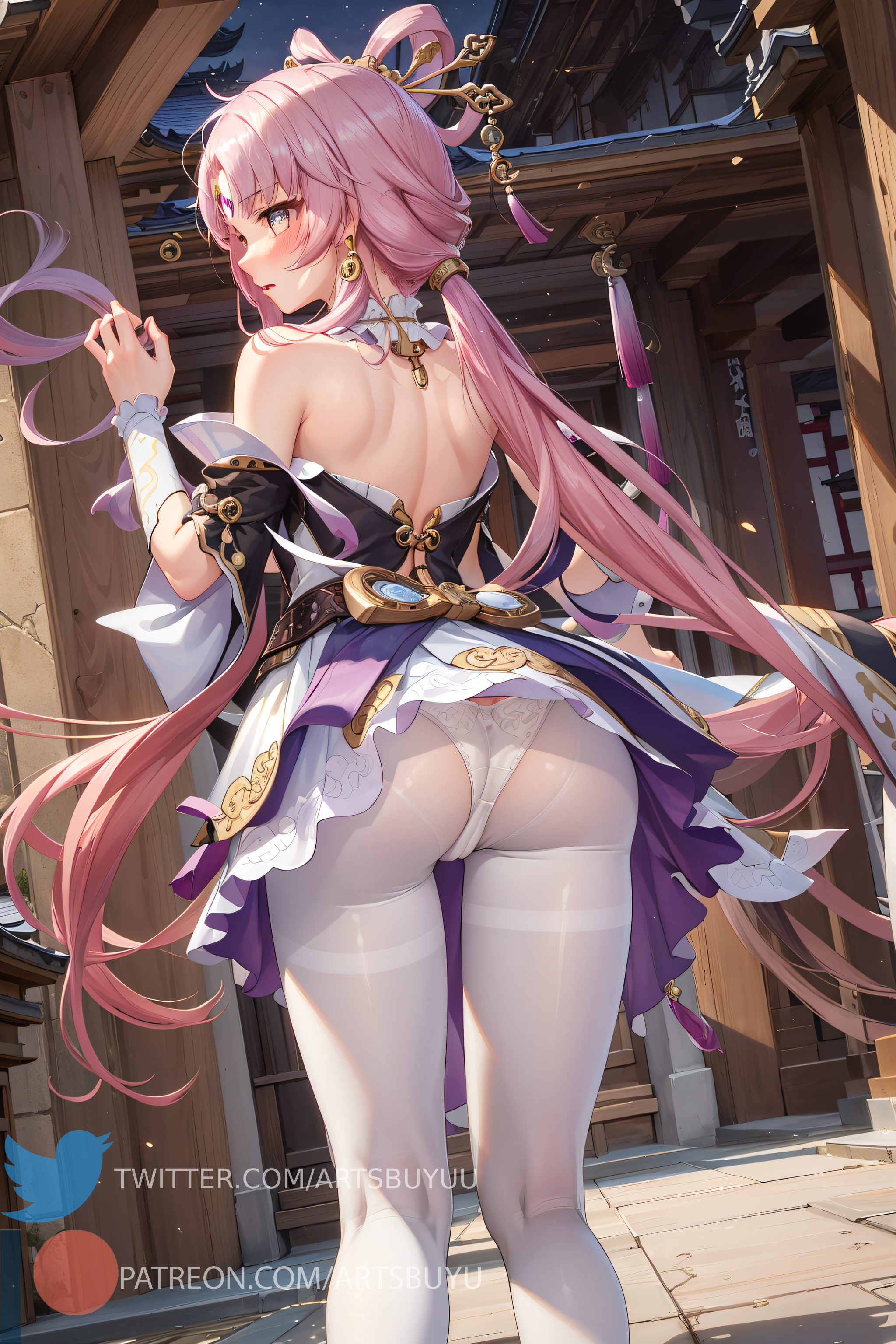 1girls, ai generated, bangs, bare shoulders, blush, breasts, detached sleeves, dress, embarrassed, female, from behind, fu xuan (honkai: star rail), hair between eyes, hair ornament, hi res, honkai (series), honkai: star rail, legwear, long hair, looking back, medium breasts, orange eyes, panties, pantyhose, pink hair, sidelocks, stable diffusion, upskirt, white legwear, white panties