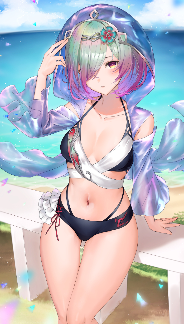 1girls alternate_costume beach bikini black_bikini black_swimsuit blue_sky blush breasts collarbone commentary_request day female female_only fire_emblem fire_emblem_heroes gradient_hair green_hair hair_over_one_eye haru_(nakajou-28) highres hood hood_up kvasir_(fire_emblem) multicolored_hair navel nintendo ocean outdoors purple_hair sand sky small_breasts solo stomach swimsuit water yellow_eyes