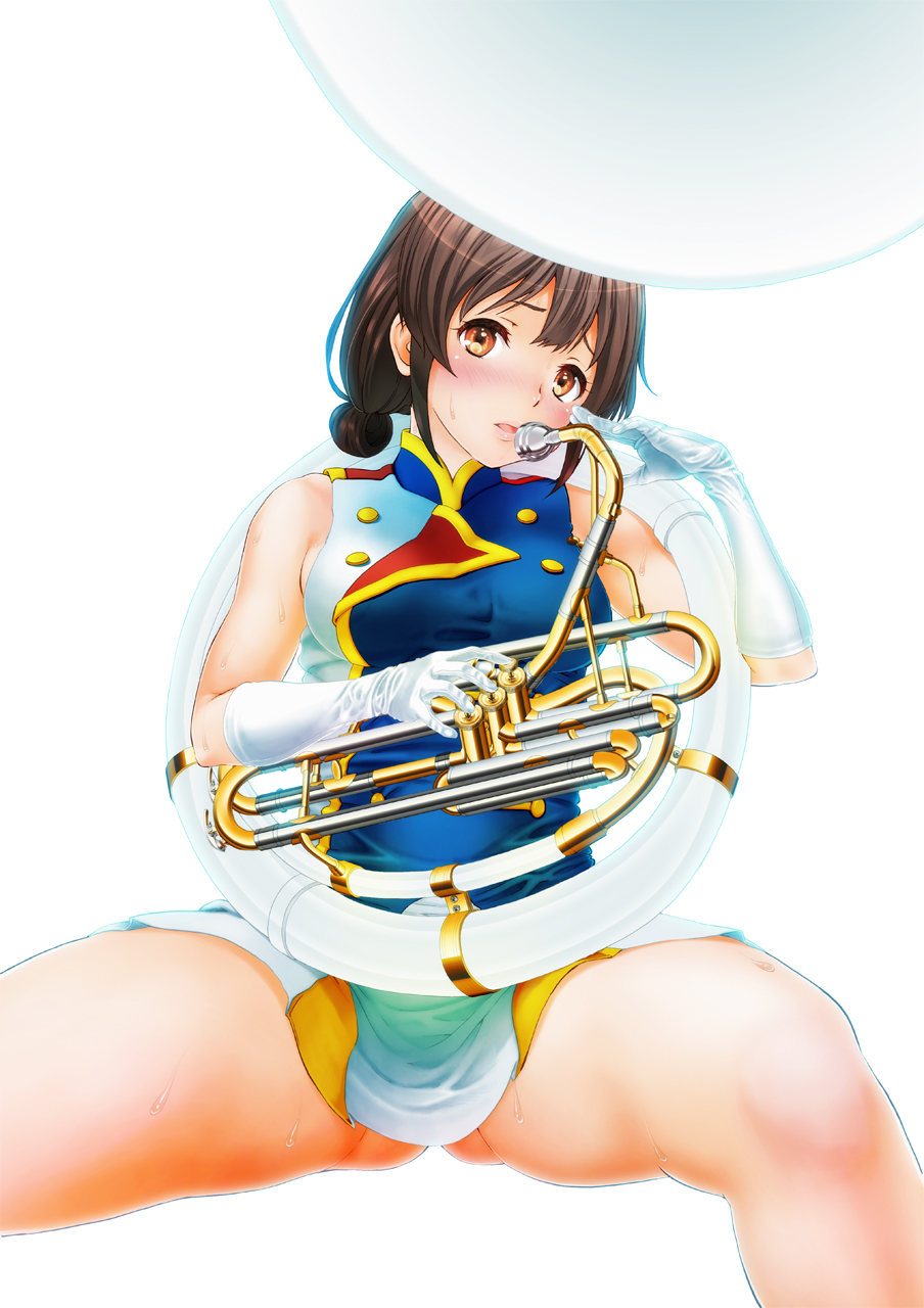 1girls ass_peek ass_visible_through_thighs big_breasts brass_instrument breast_peek brown_hair clothes convenient_censoring female gloves hibike!_euphonium impossible_clothes large_breasts lips looking_at_viewer marching_band_uniform medium_breasts musical_instrument nagase_riko opera_gloves orange_eyes sideboob solo solo_female sousaphone spread_legs sweat thick_thighs tuba white_background