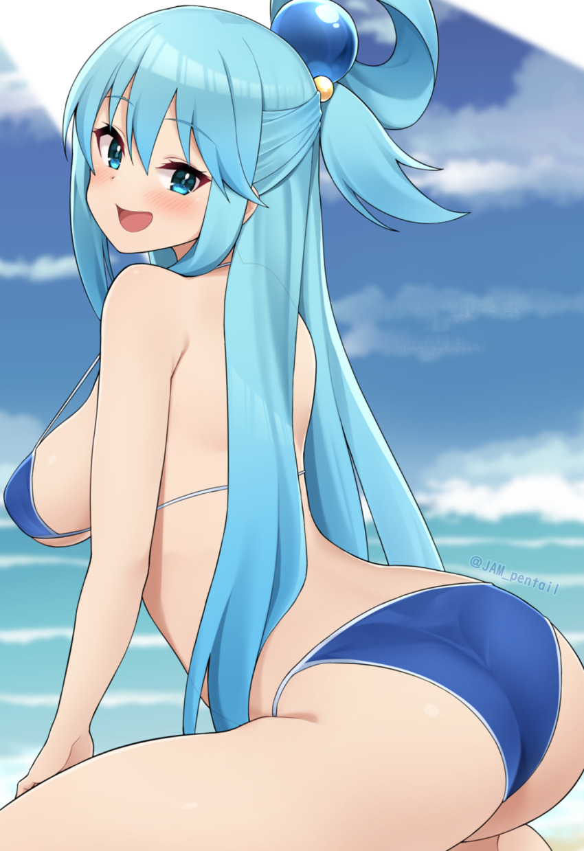 aqua_(konosuba) ass bare_shoulders bikini blue_bikini blue_eyes blue_hair blush breasts female hair_ornament highres jampen kono_subarashii_sekai_ni_shukufuku_wo! large_breasts long_hair looking_at_viewer looking_back open_mouth sidelocks single_hair_ring smile solo swimsuit thighs