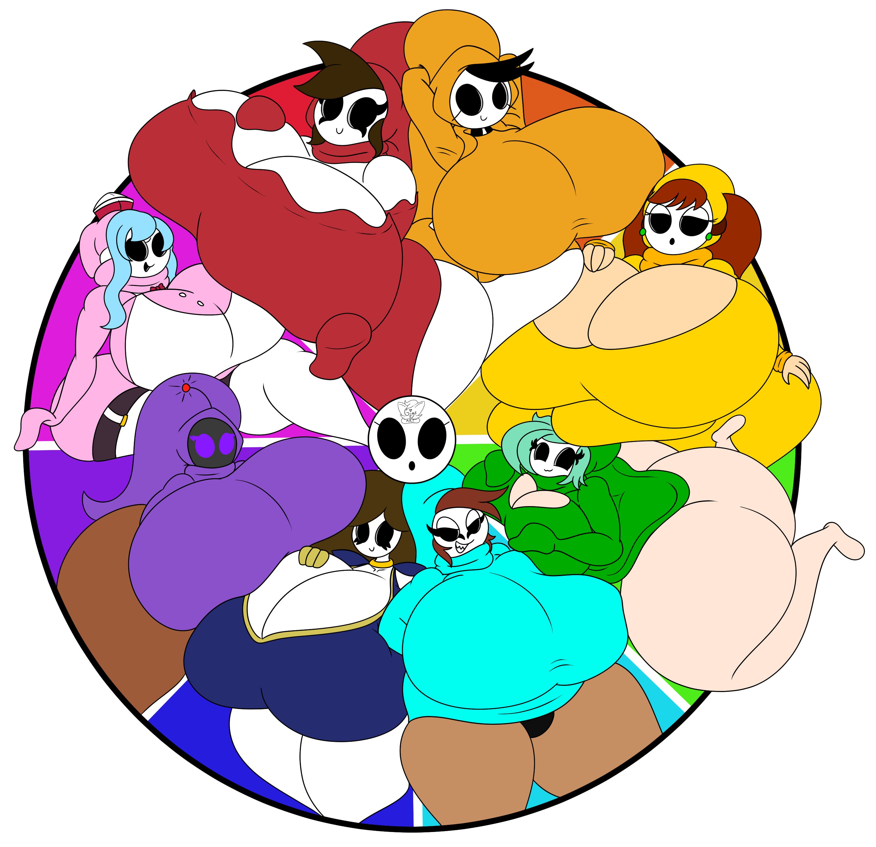 8girls, ass, big ass, big breasts, boob window, bottomless, bra visible through clothes, breasts, clothed, color wheel challenge, female, female only, gigglemcbutt (gigs), huge ass, huge breasts, hyper breasts, mario (series), multiple females, multiple girls, nintendo, shy gal, shyggle (gigglemcbutt), topwear