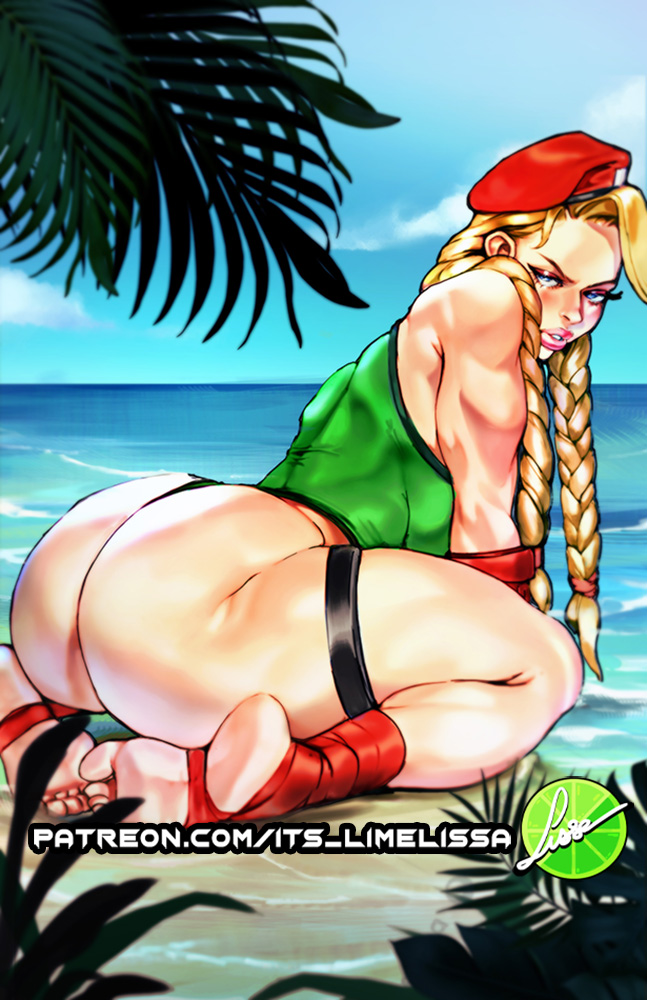 allofthelewds, ass, bare shoulders, beach, big ass, blonde hair, braid, braided hair, braided twintails, british, british female, bubble butt, cammy white, capcom, feet, female, lips, looking at viewer, soles, solo, street fighter, thick thighs, toes