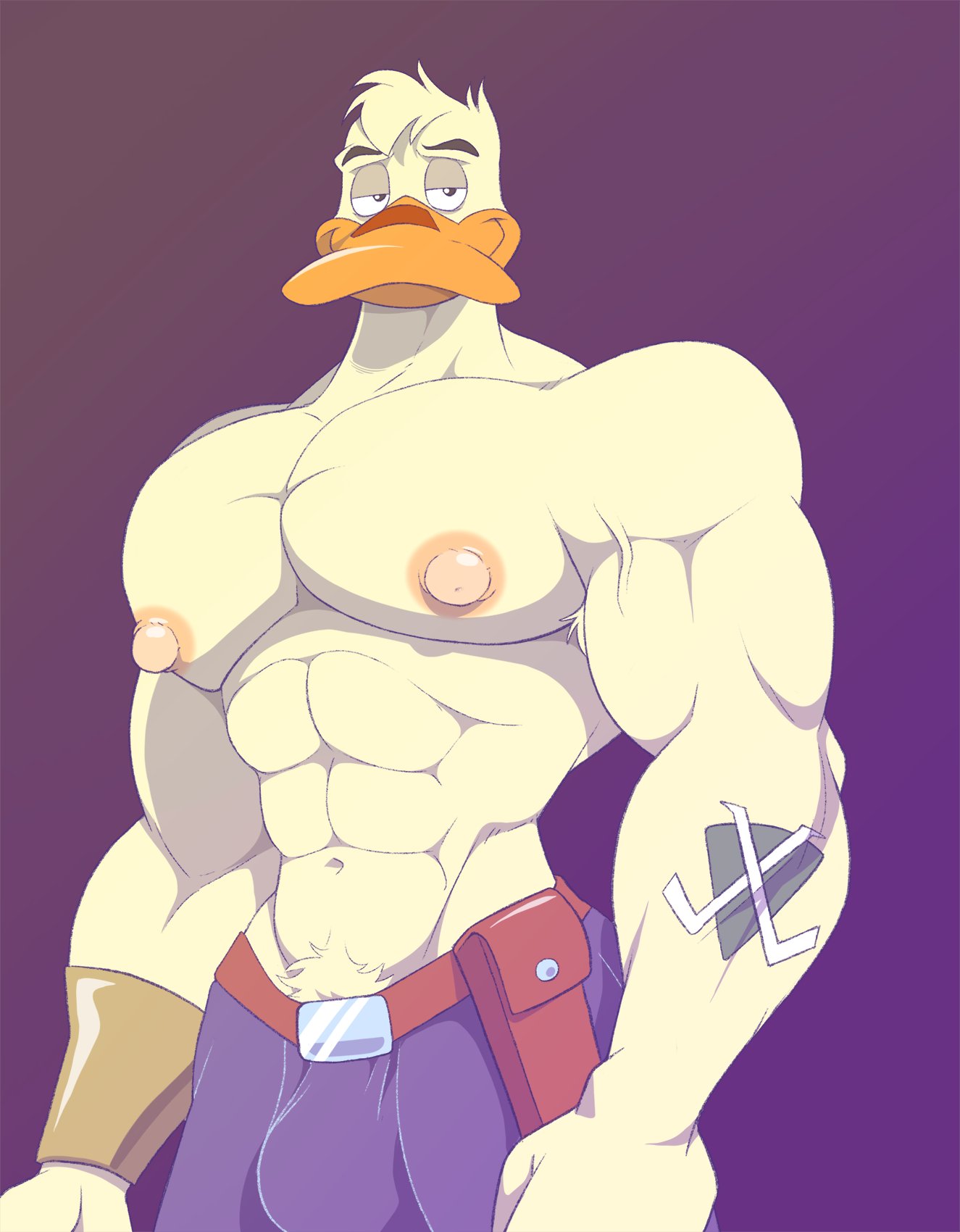 2023 abs anatid anseriform anthro anti_dev arm_tattoo armlet avian beak big_biceps big_nipples big_pecs bird blue_bottomwear blue_clothing bottomwear bulge canard_thunderbeak clothed clothing duck feather_hair feathers forearm_tattoo forearms half-closed_eyes head_tuft hi_res looking_at_viewer male mighty_ducks muscular muscular_anthro muscular_male narrowed_eyes navel nipples non-mammal_nipples orange_beak pecs pink_nipples pseudo_hair pubes pubic_feathers purple_background red_belt simple_background solo tattoo topless topless_anthro topless_male tuft vein veiny_muscles white_body white_feathers white_pubes