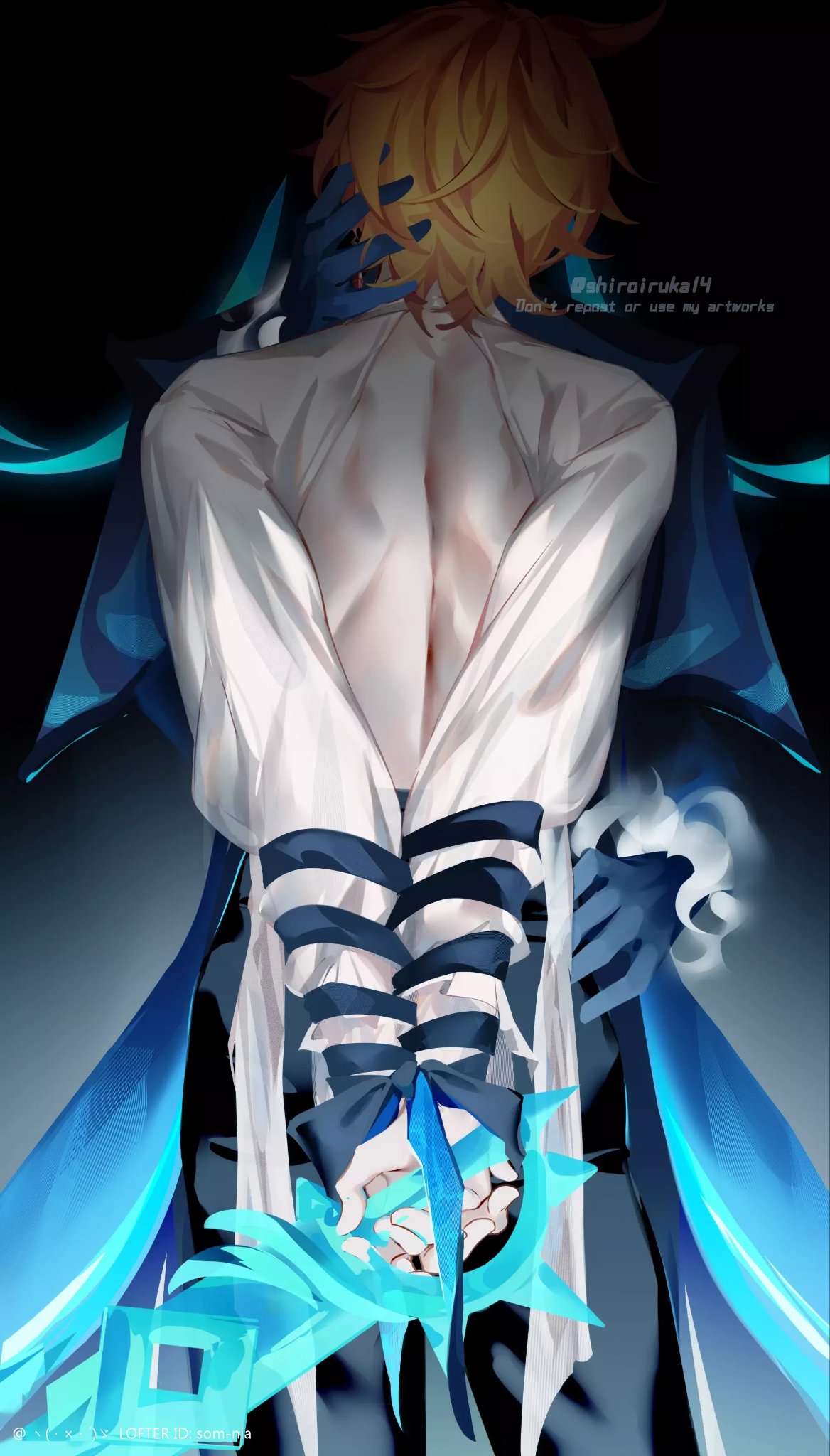 2boys, back cutout, bound, bound wrists, childe (genshin impact), clothed, gay, genshin impact, ginger, ginger hair, hand on face, head grab, height difference, male, male only, neuvillette (genshin impact), no visible genitalia, restrained, shiroiruka14, sword, tartaglia (genshin impact), tied up, waist grab, weapon, yaoi