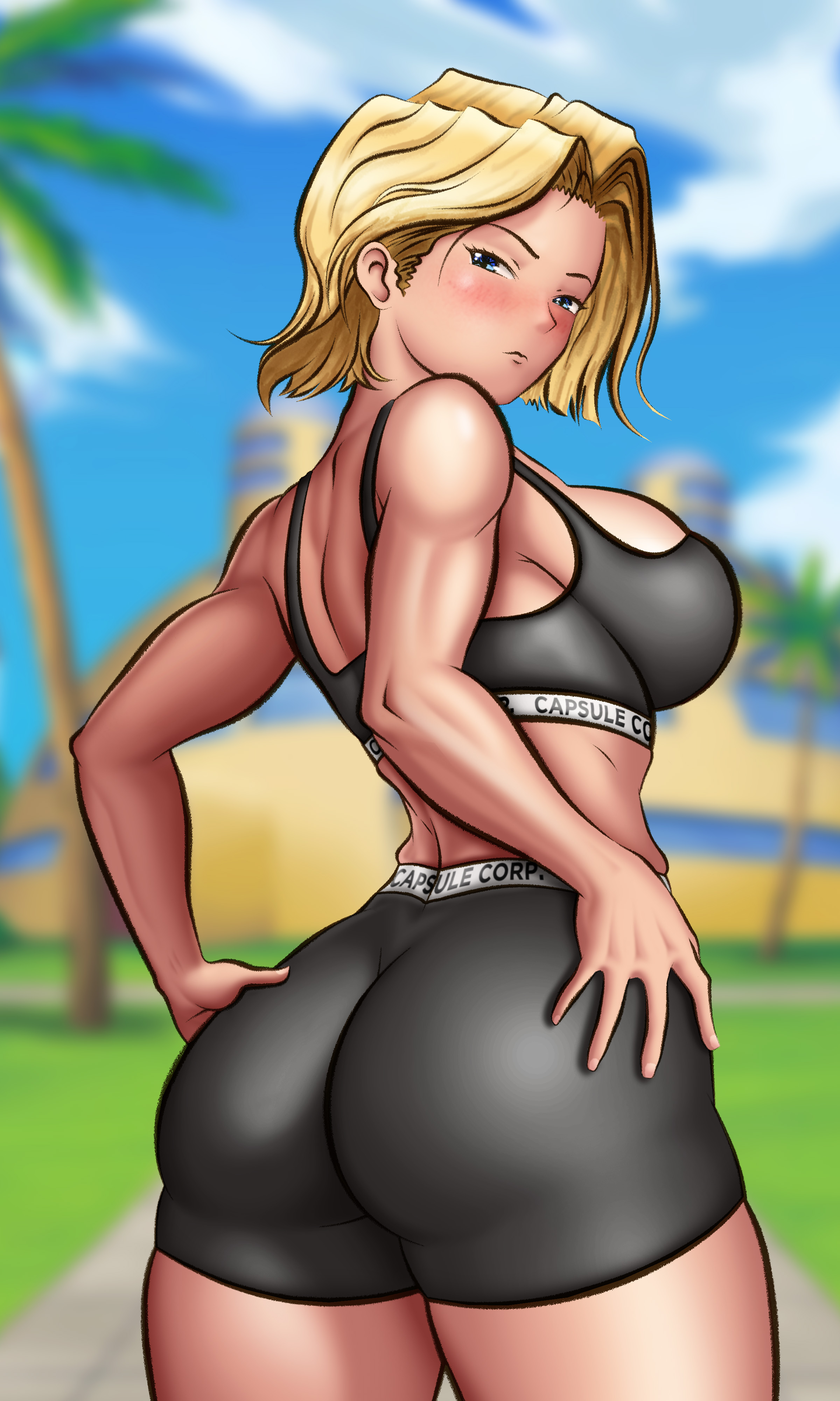 1girls, android 18, ass, big ass, big breasts, blonde hair, blue eyes, breasts, cleavage, clothed, clothing, curvaceous, curvy, dragon ball, dragon ball z, fbi ecchi, female, female only, huge ass, huge breasts, large ass, large breasts, light skin, light-skinned female, looking at viewer, medium hair, shorts, solo, solo female, sports bra, thick thighs, thighs, toned, toned female, voluptuous, wide hips