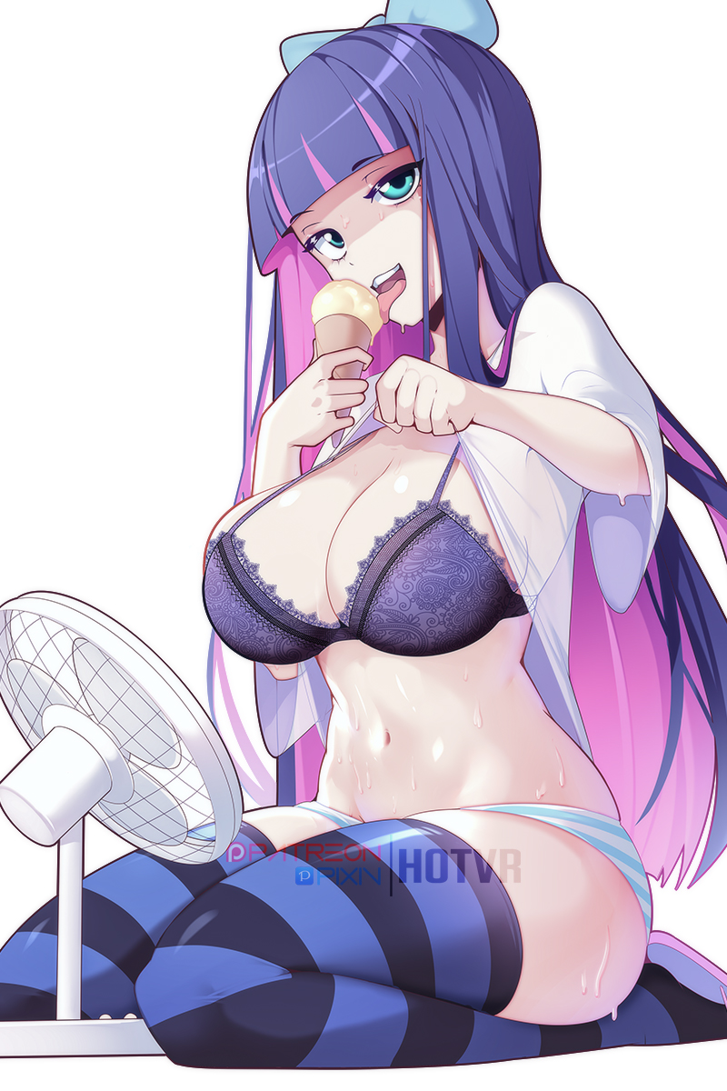 1girls, bra, breasts, cleavage, eating, female, food, gothic lolita, hotvr, ice cream, kneeling, large breasts, light skin, light-skinned female, lolita (fashion), lolita fashion, long hair, multicolored hair, panties, panty & stocking with garterbelt, purple hair, solo, stocking anarchy, sweat, thick thighs, thighhighs, thighs