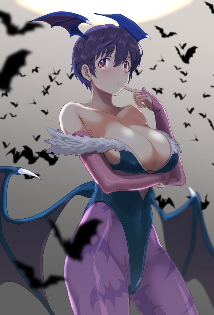 1girls animal_print arm_under_breasts bare_shoulders bat_print bat_wings bats big_breasts black_leotard breasts bridal_gauntlets brown_hair cleavage clothing commentary_request cosplay cowboy_shot darkstalkers elbow_gloves female female_only finger_to_mouth fingernails fur_trim gloves grey_background head_wings highres huge_breasts idolmaster idolmaster_cinderella_girls large_breasts leotard long_fingernails looking_to_the_side low_wings moon morrigan_aensland morrigan_aensland_(cosplay) night oikawa_shizuku orange_eyes pantyhose parody pink_gloves pink_legwear short_hair solo standing tagme vampire very_short_hair wings youhei_(testament)