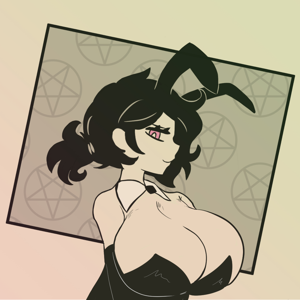 1girls ashley_graves black_hair bowtie bunny_ears bunnysuit drawfag edit huge_breasts lagsoff large_breasts pink_eyes ponytail side_look the_coffin_of_andy_and_leyley