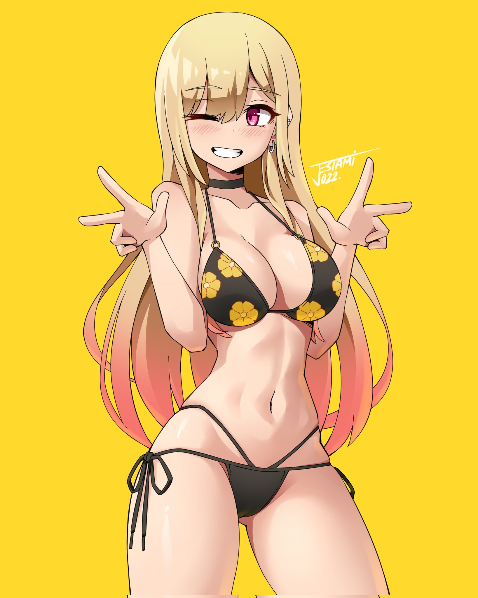 1girls, bangs, big breasts, bikini, black bikini, blonde hair, blush, breasts, choker, cleavage, curvy, cute, double v, earrings, female, female focus, female only, floral print, hi res, jestami, kitagawa marin, long hair, looking at viewer, multicolored hair, navel, one eye closed, peace sign, pink eyes, plain background, smile, solo, sono bisque doll wa koi wo suru, swimsuit, v sign, wink, yellow background
